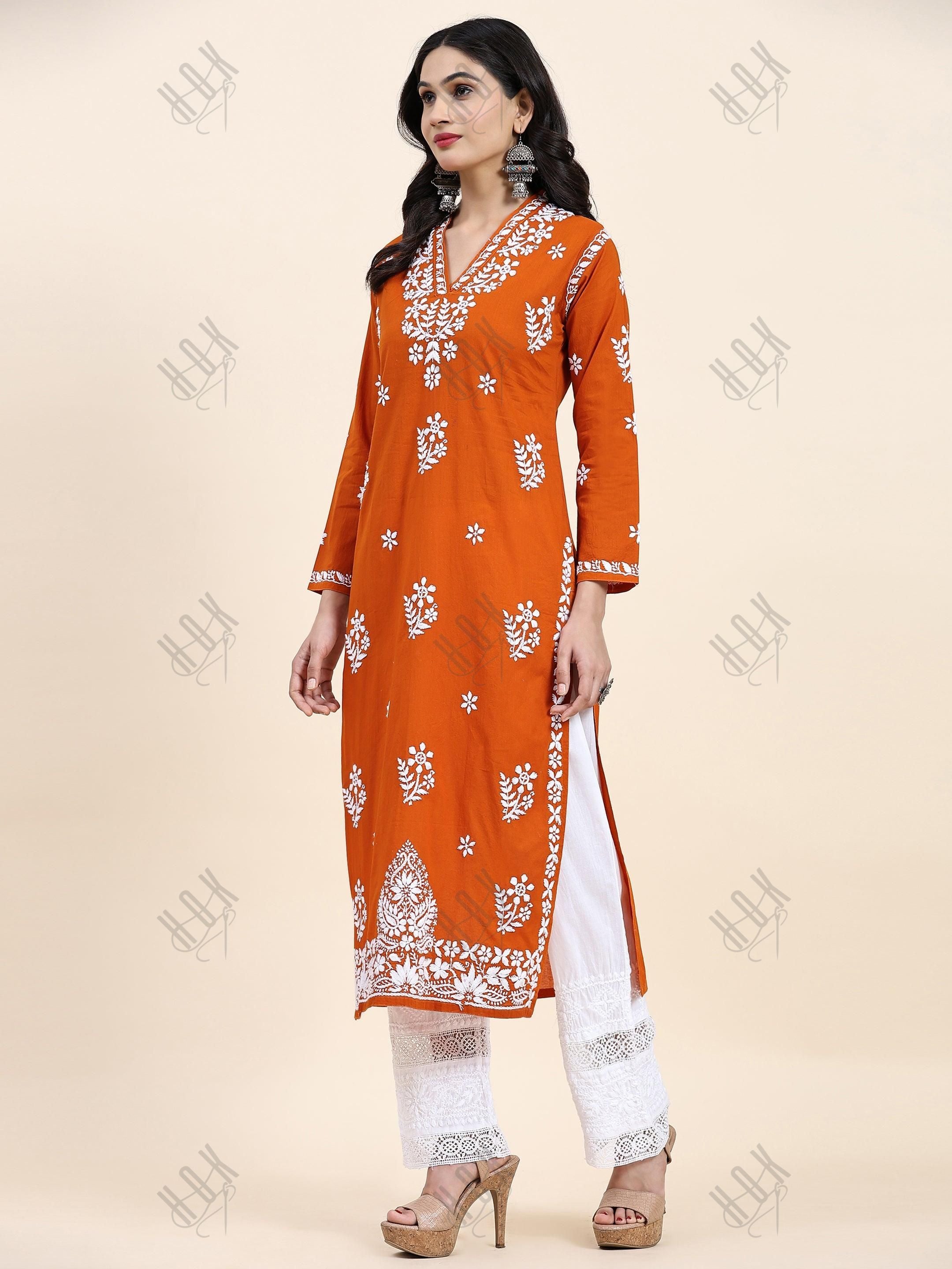 Samma Chikankari Long Kurta in Cotton for Women- Orange - House Of Kari (Chikankari Clothing)