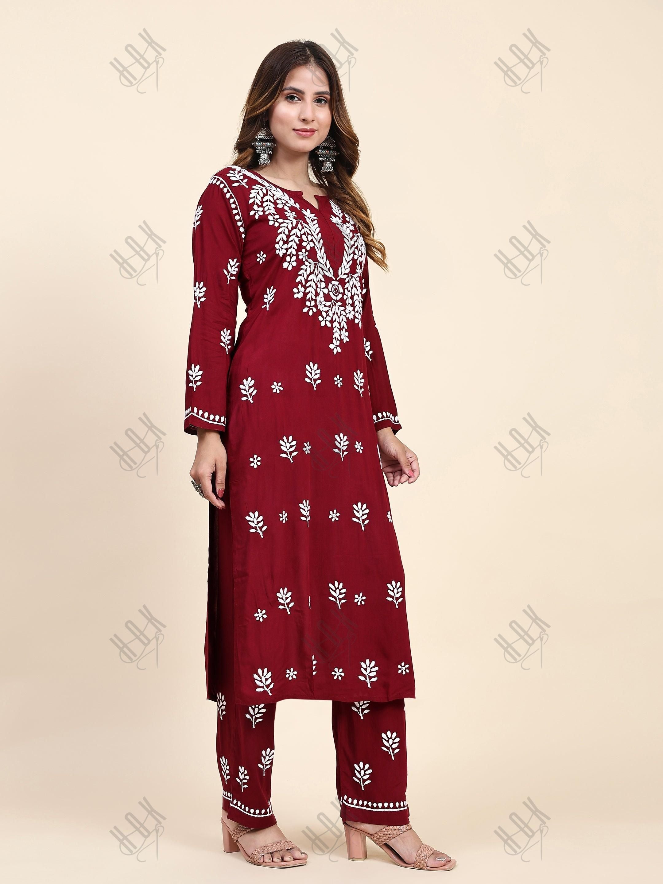 Fizaa Chikankari Long Modal Kurta Set - Maroon - House Of Kari (Chikankari Clothing)