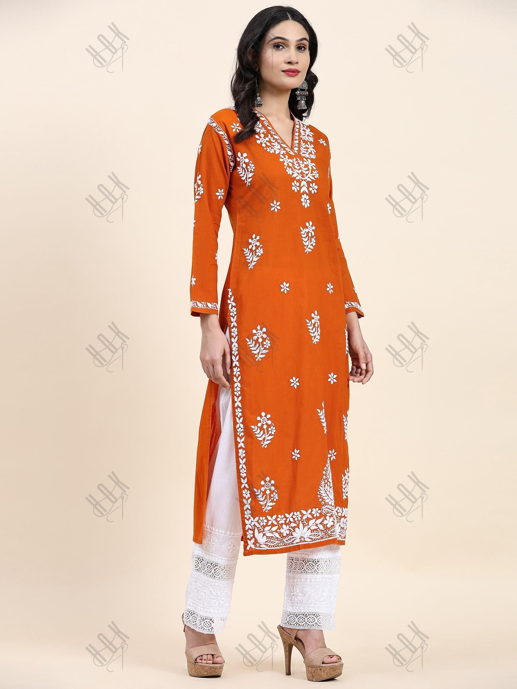 Samma Chikankari Long Kurta in Cotton for Women- Orange - House Of Kari (Chikankari Clothing)