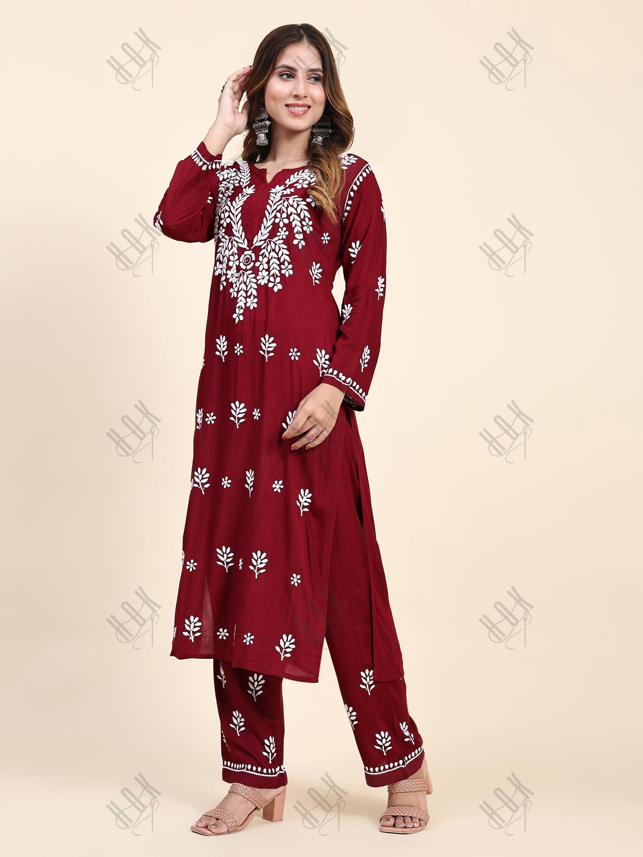 Fizaa Chikankari Long Modal Kurta Set - Maroon - House Of Kari (Chikankari Clothing)