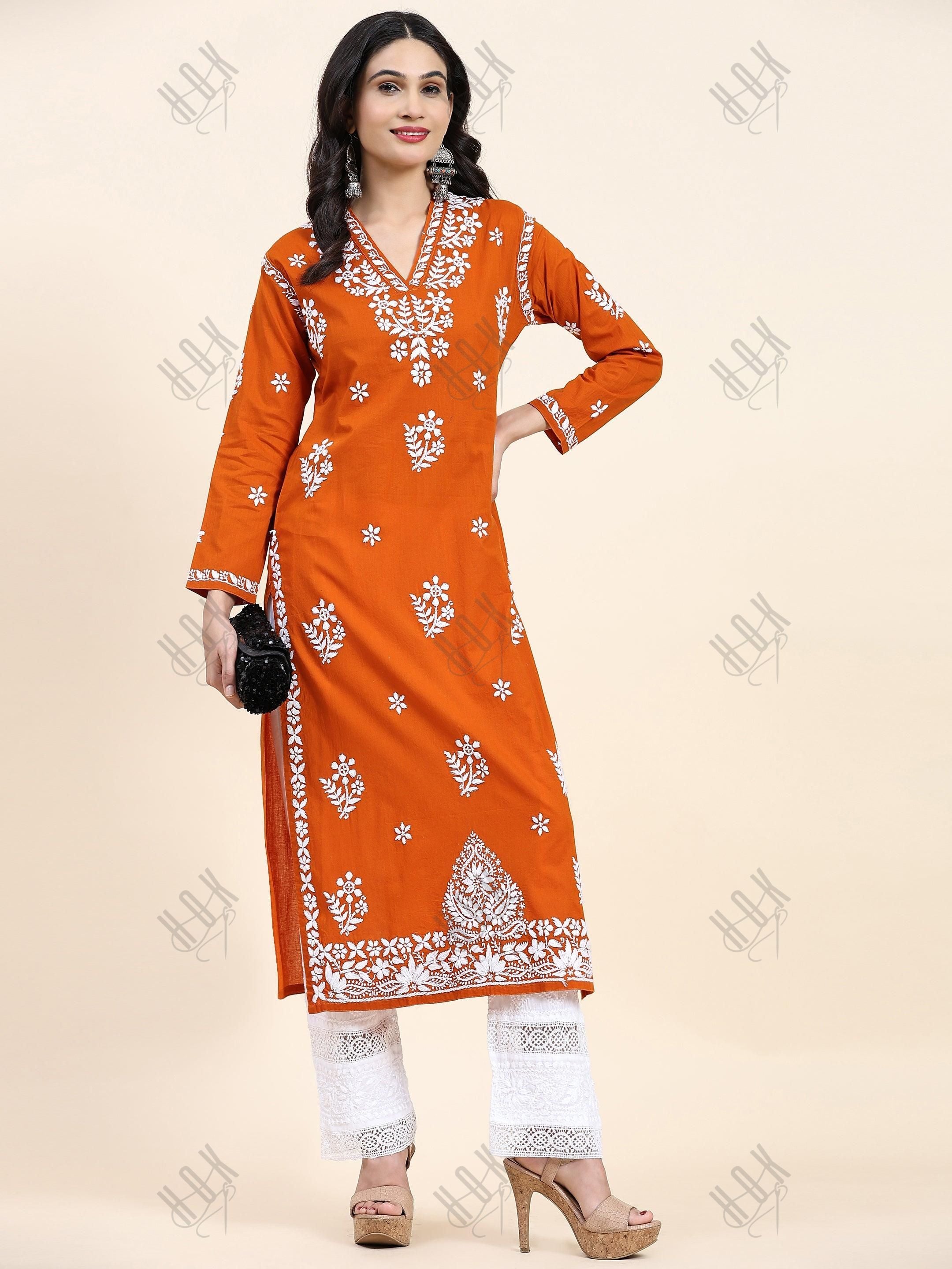 Samma Chikankari Long Kurta in Cotton for Women- Orange - House Of Kari (Chikankari Clothing)