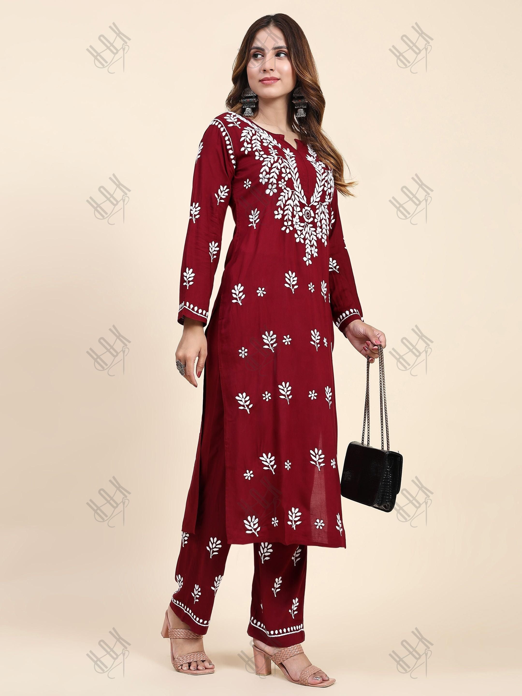 Fizaa Chikankari Long Modal Kurta Set - Maroon - House Of Kari (Chikankari Clothing)