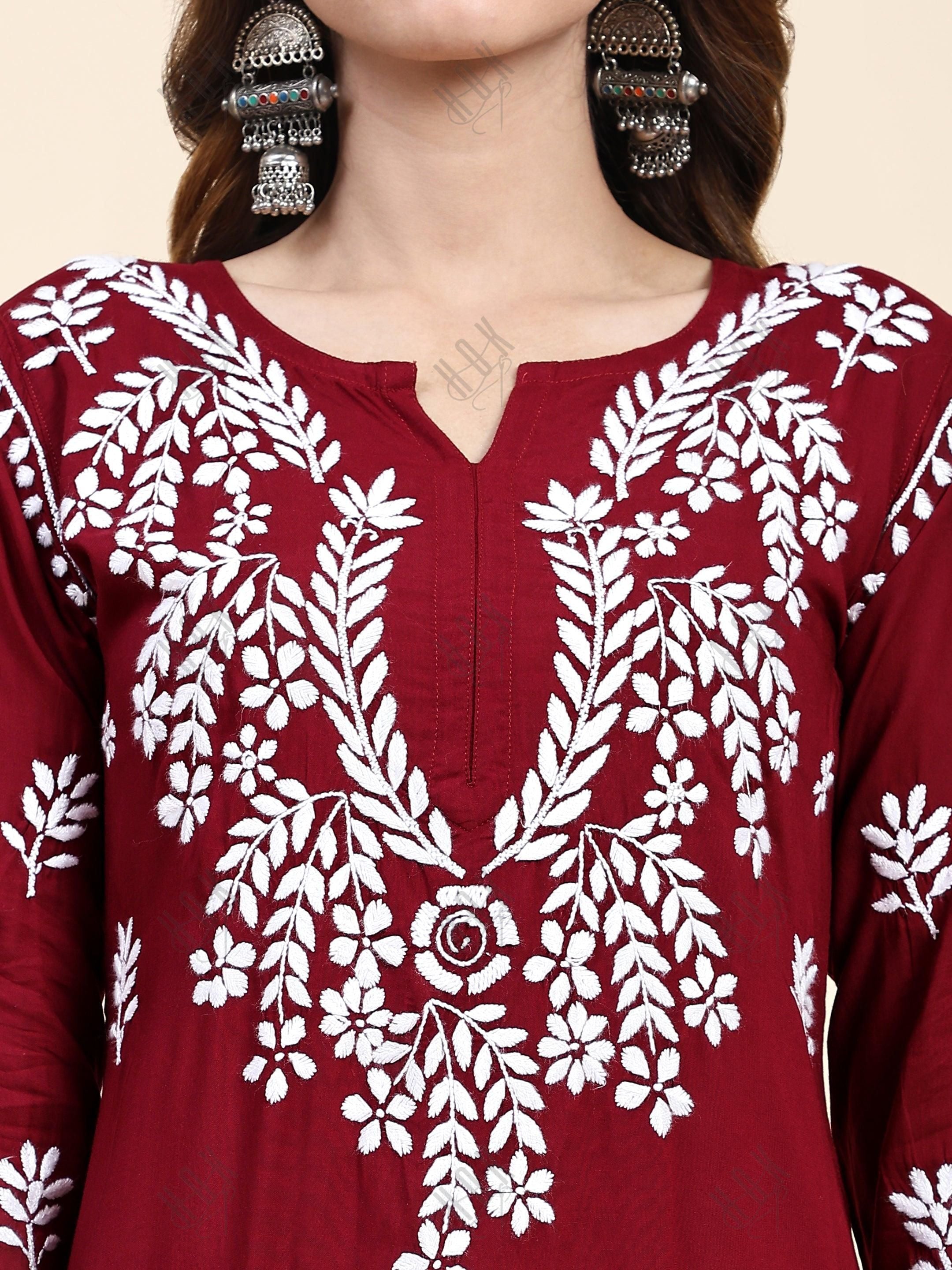 Fizaa Chikankari Long Modal Kurta Set - Maroon - House Of Kari (Chikankari Clothing)