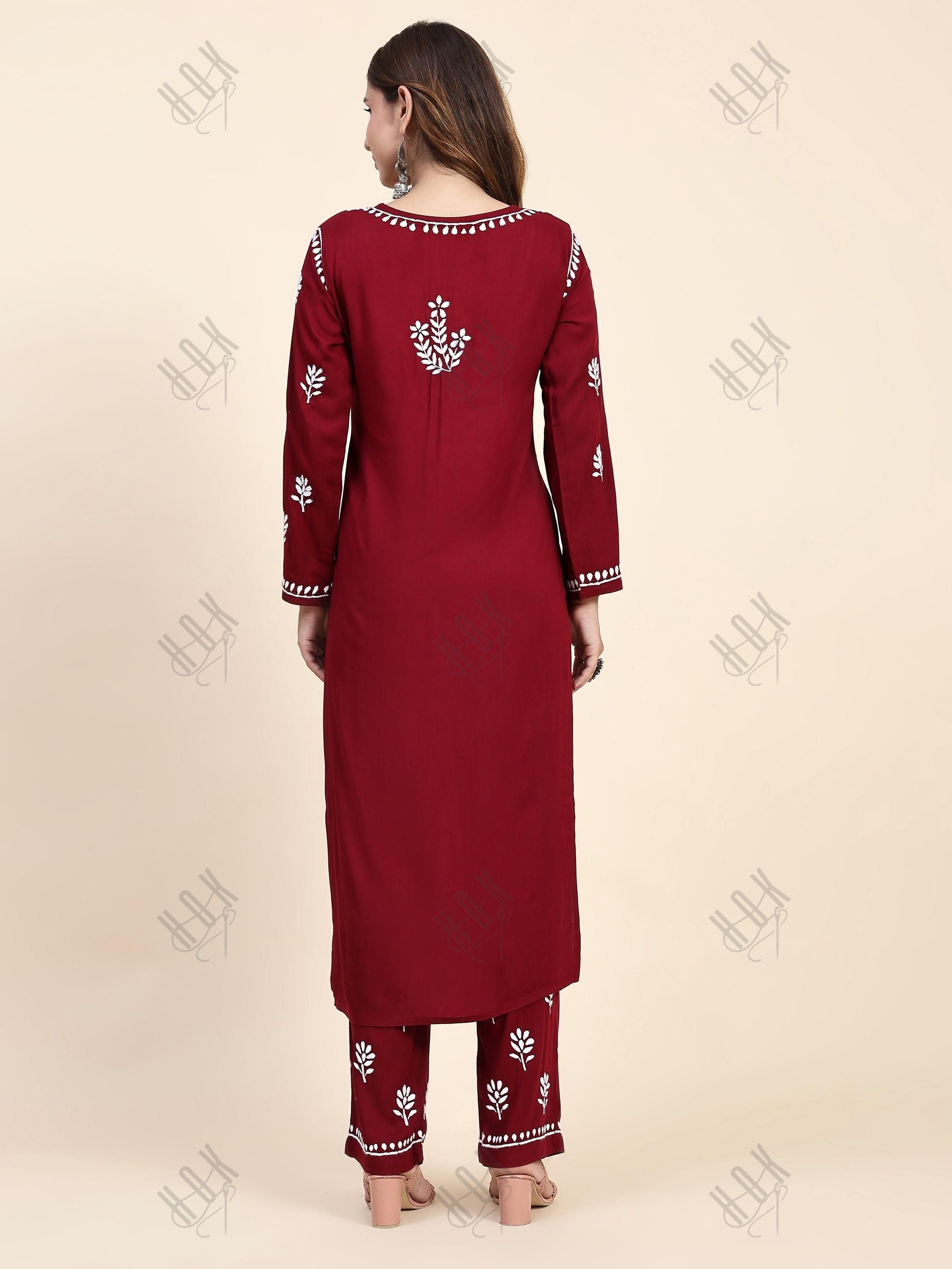 Fizaa Chikankari Long Modal Kurta Set - Maroon - House Of Kari (Chikankari Clothing)