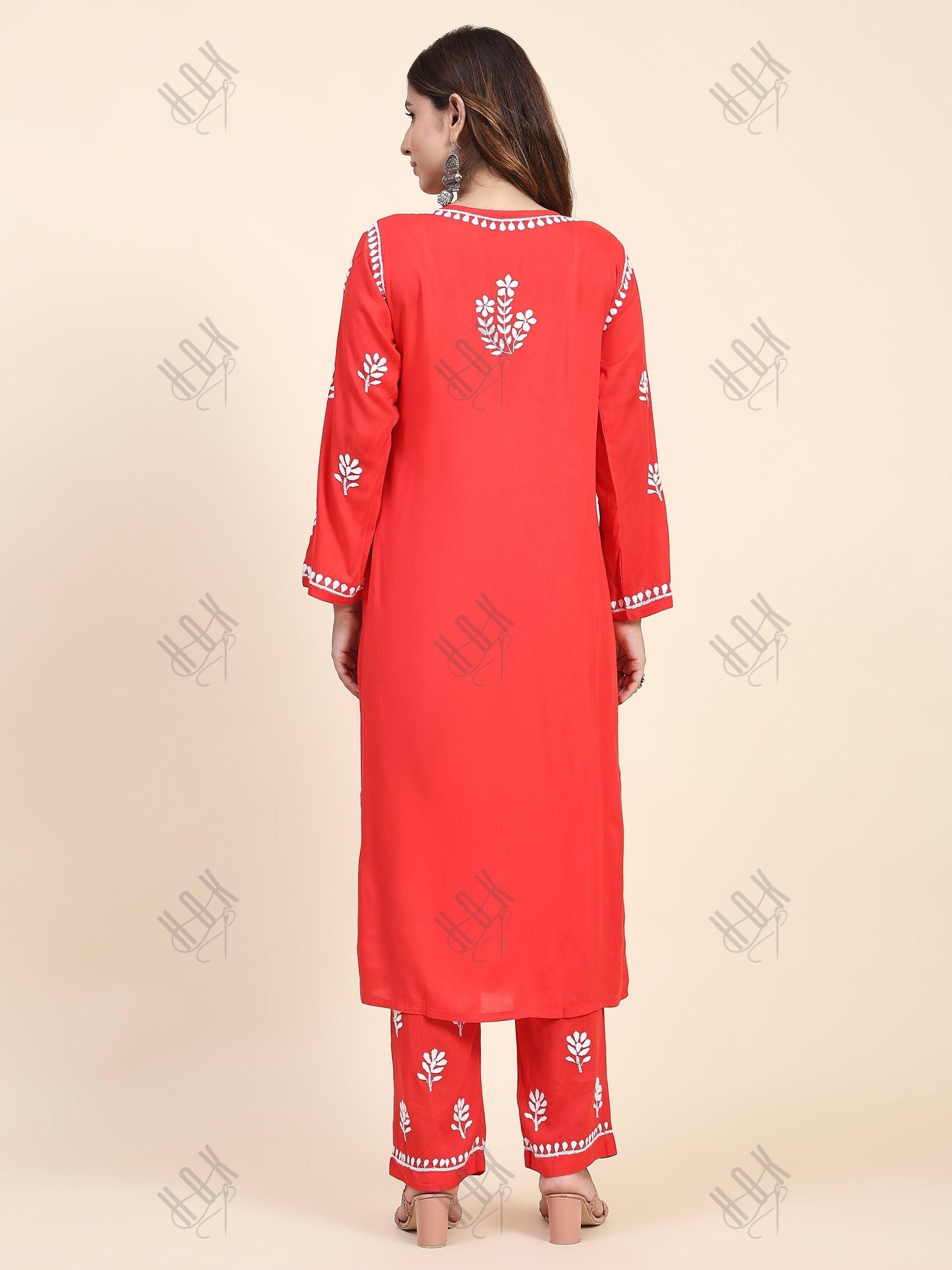 Tanika in Fizaa Chikankari Long Modal Kurta Set - RED - House Of Kari (Chikankari Clothing)