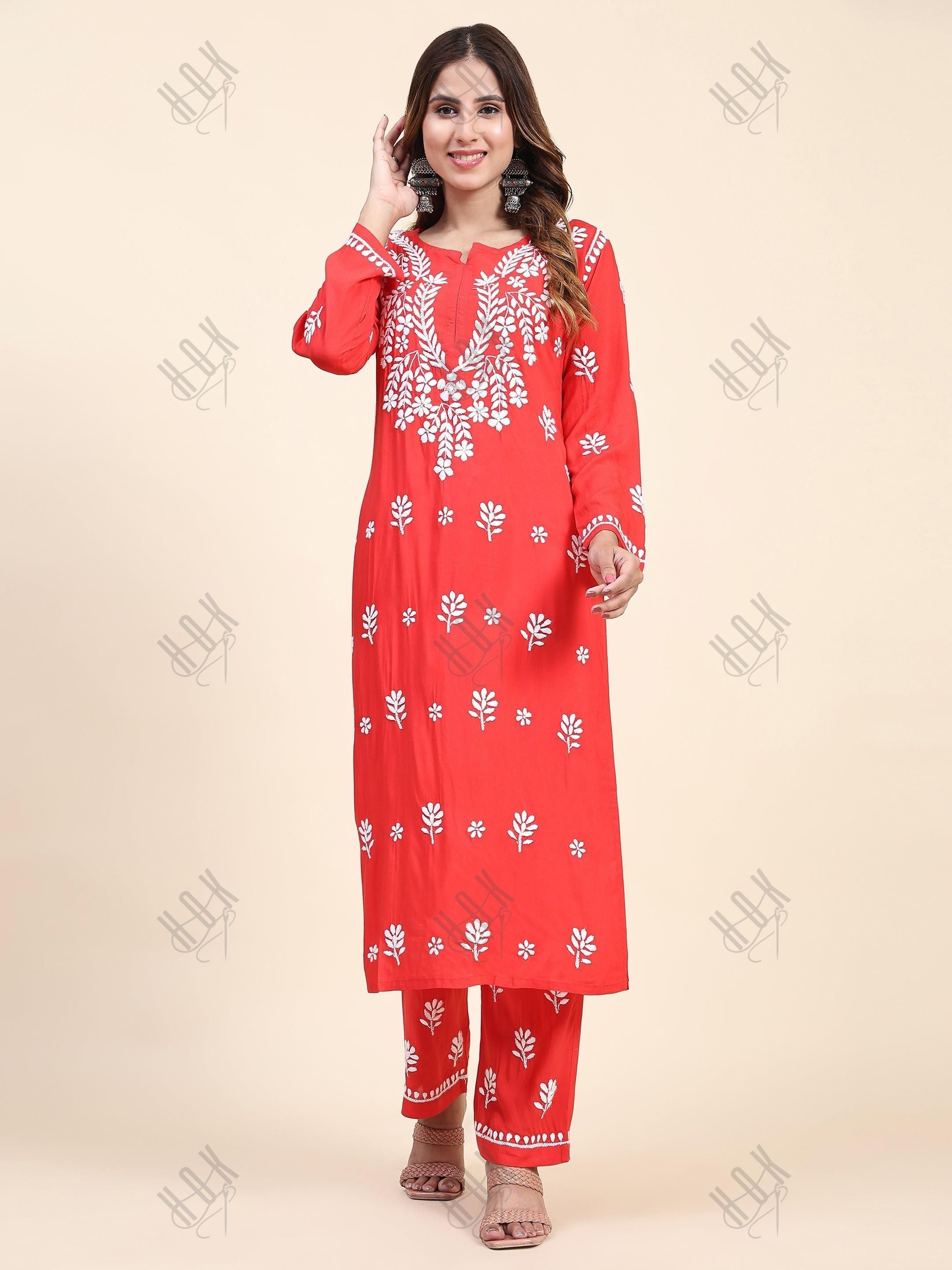 Tanika in Fizaa Chikankari Long Modal Kurta Set - RED - House Of Kari (Chikankari Clothing)