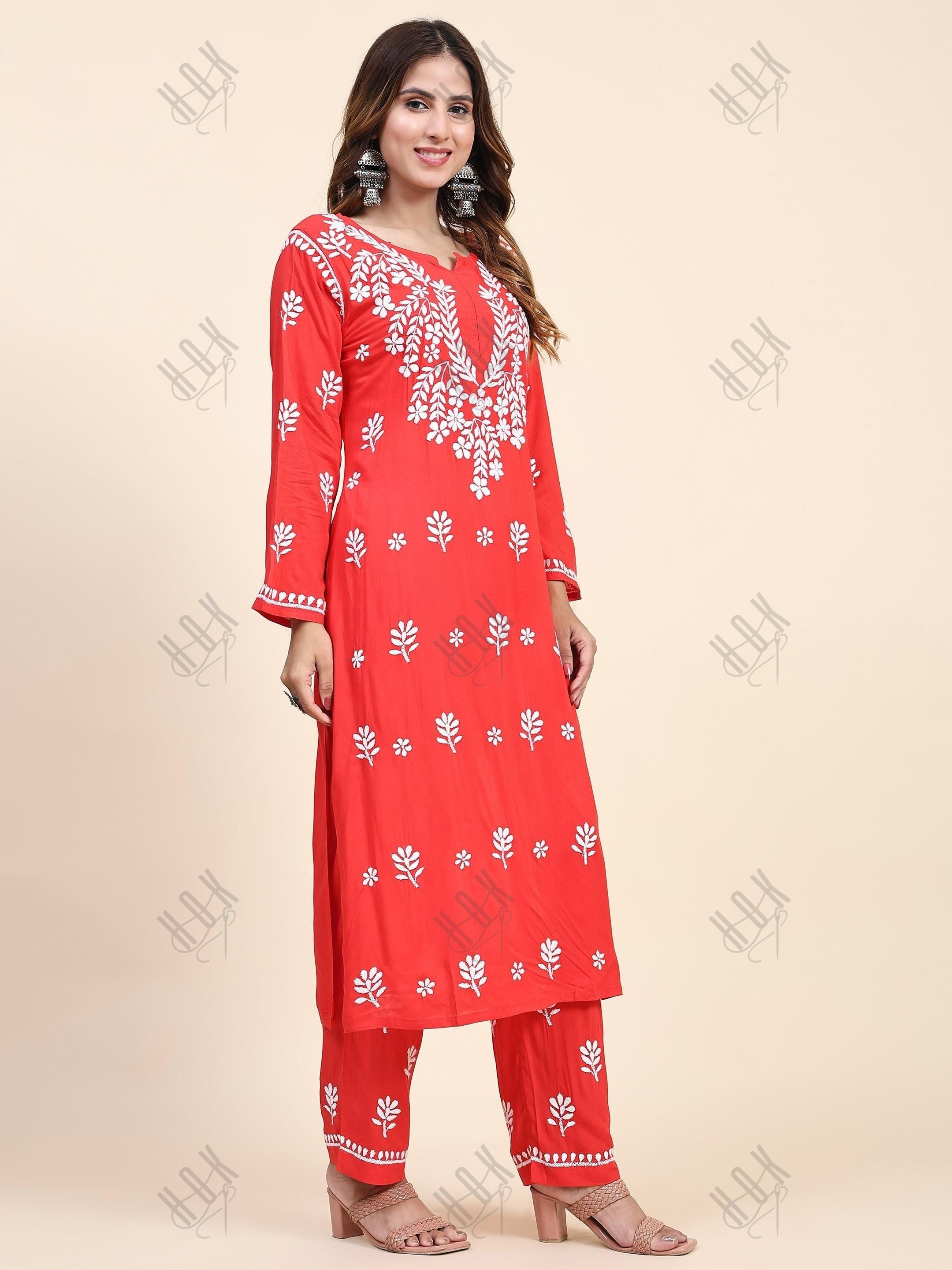 Tanika in Fizaa Chikankari Long Modal Kurta Set - RED - House Of Kari (Chikankari Clothing)