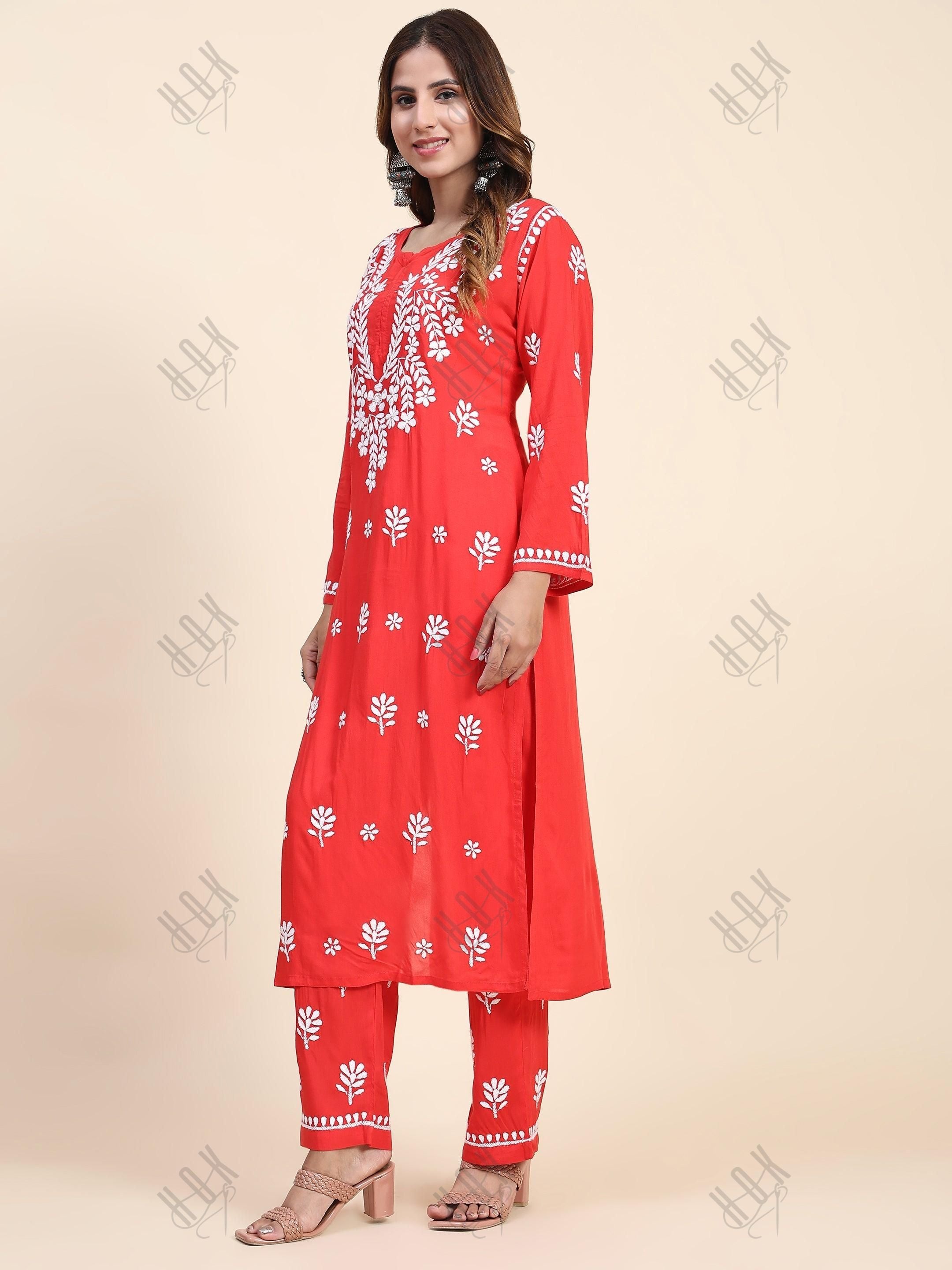 Tanika in Fizaa Chikankari Long Modal Kurta Set - RED - House Of Kari (Chikankari Clothing)