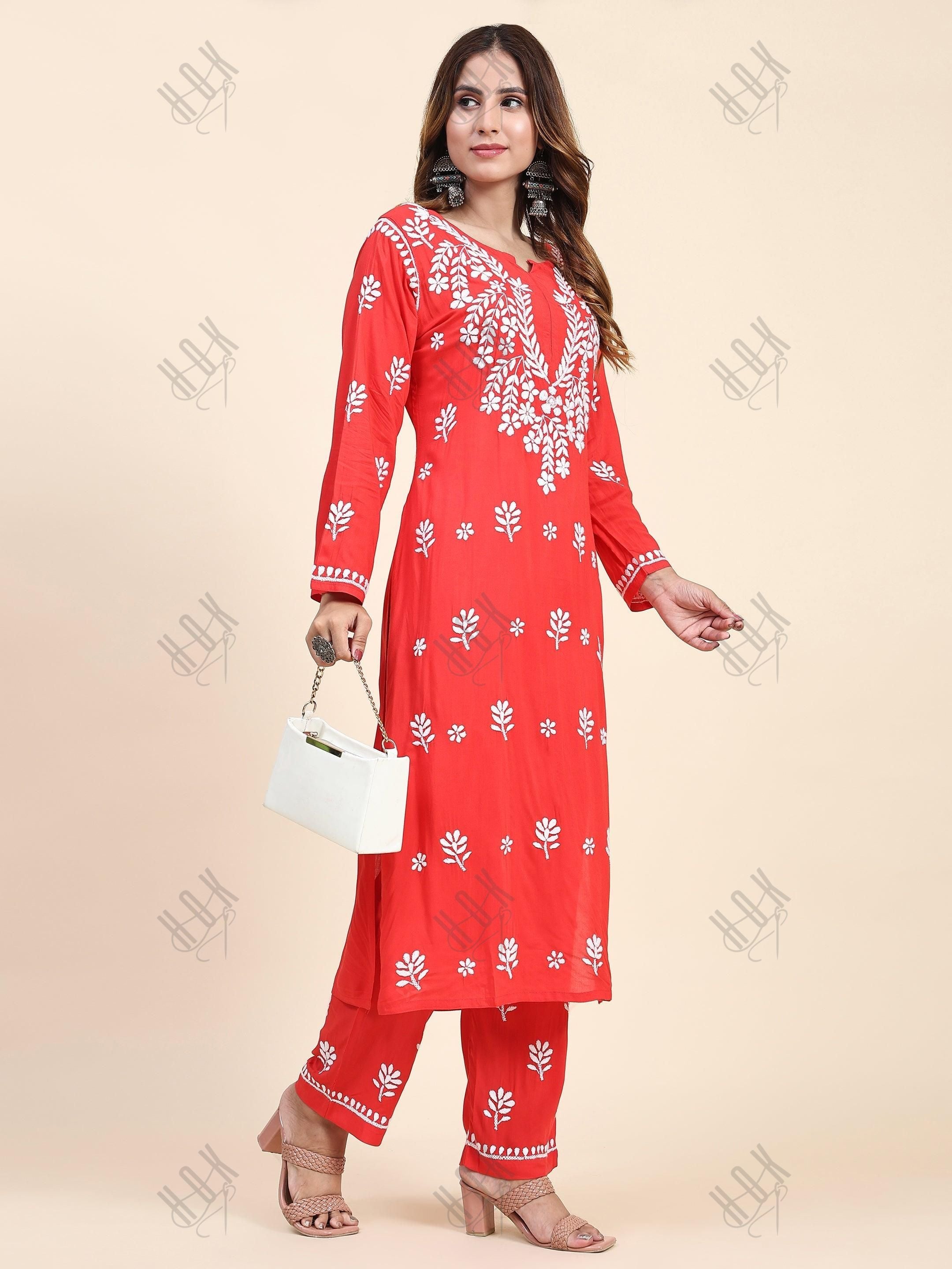 Tanika in Fizaa Chikankari Long Modal Kurta Set - RED - House Of Kari (Chikankari Clothing)