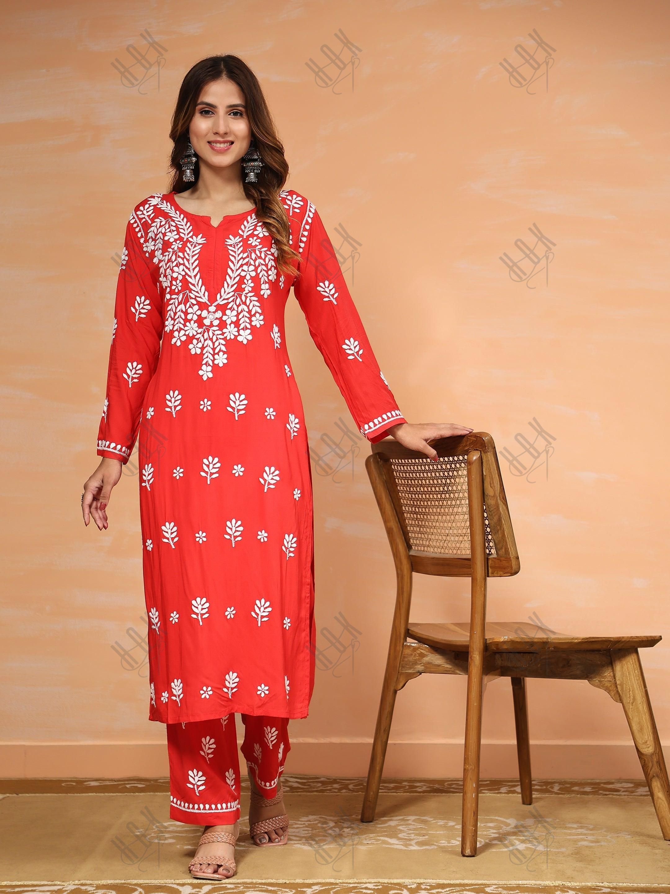 Tanika in Fizaa Chikankari Long Modal Kurta Set - RED - House Of Kari (Chikankari Clothing)