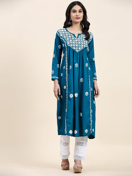 Samma Chikankari Long A-Line Kurti for Women- Turquoise blue - House Of Kari (Chikankari Clothing)