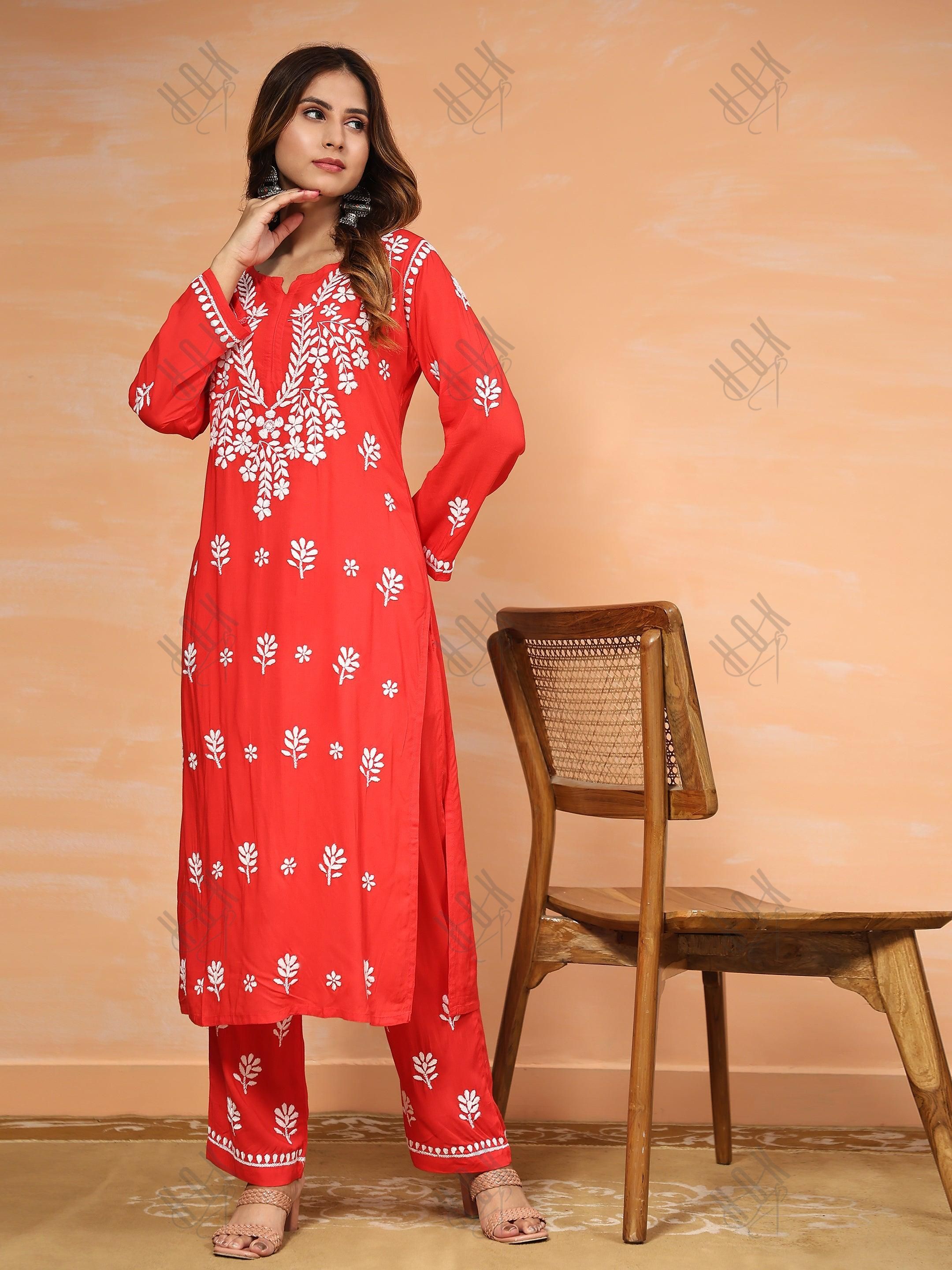 Fizaa Chikankari Long Modal Kurta Set - RED - House Of Kari (Chikankari Clothing)