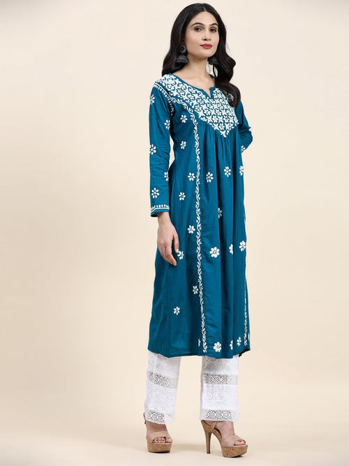 Samma Chikankari Long A-Line Kurti for Women- Turquoise blue - House Of Kari (Chikankari Clothing)