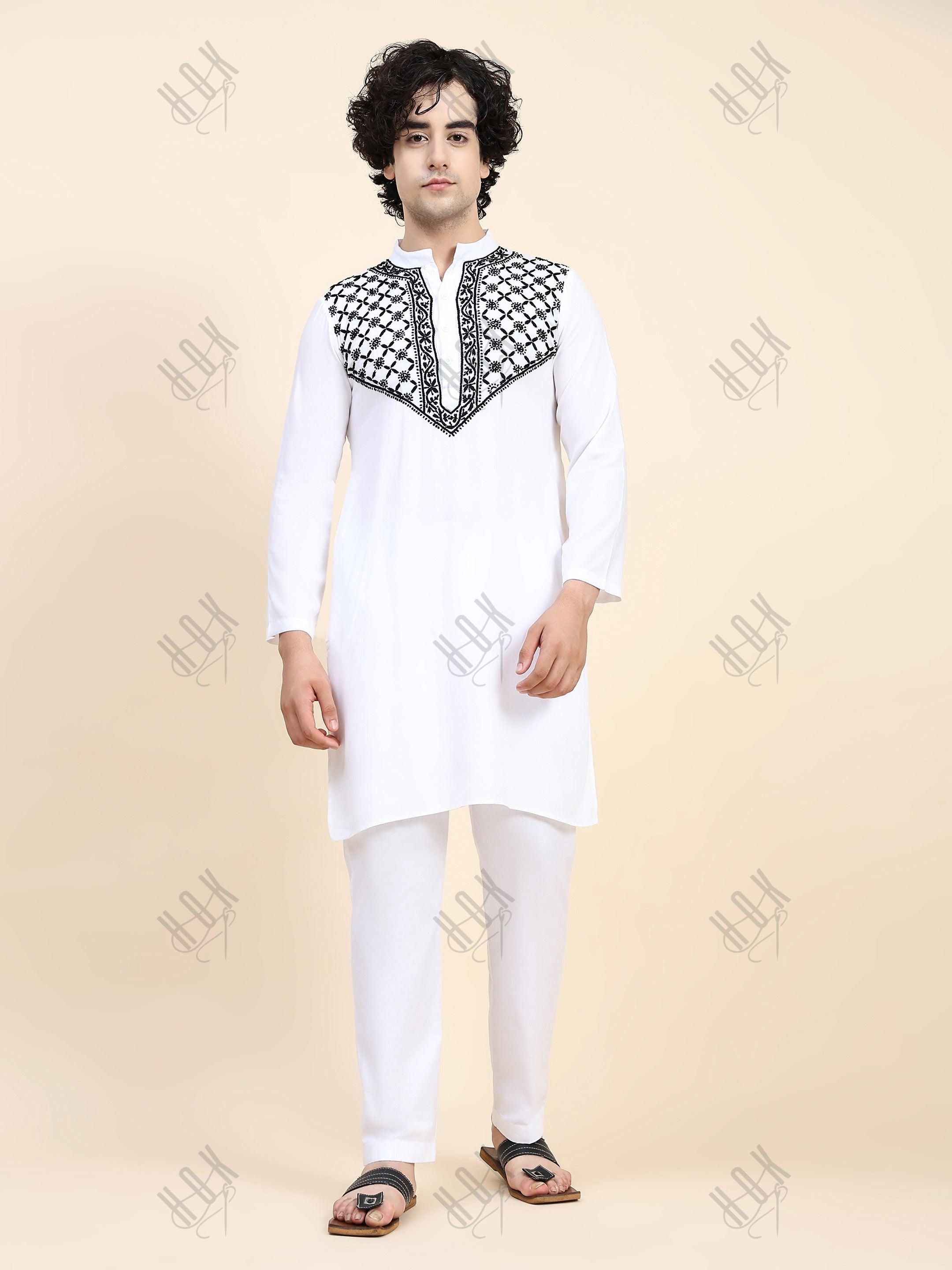 HOK Men's Chikankari Kurta in Rayon Cotton - White - House Of Kari (Chikankari Clothing)