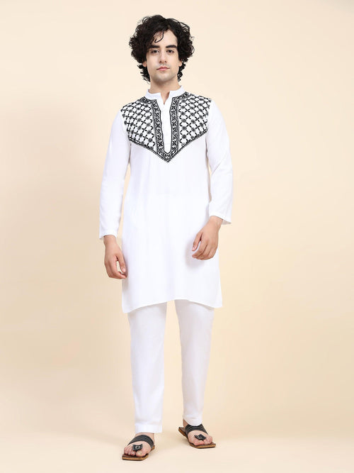 Load image into Gallery viewer, HOK Men&amp;#39;s Chikankari Kurta in Rayon Cotton - White - House Of Kari (Chikankari Clothing)
