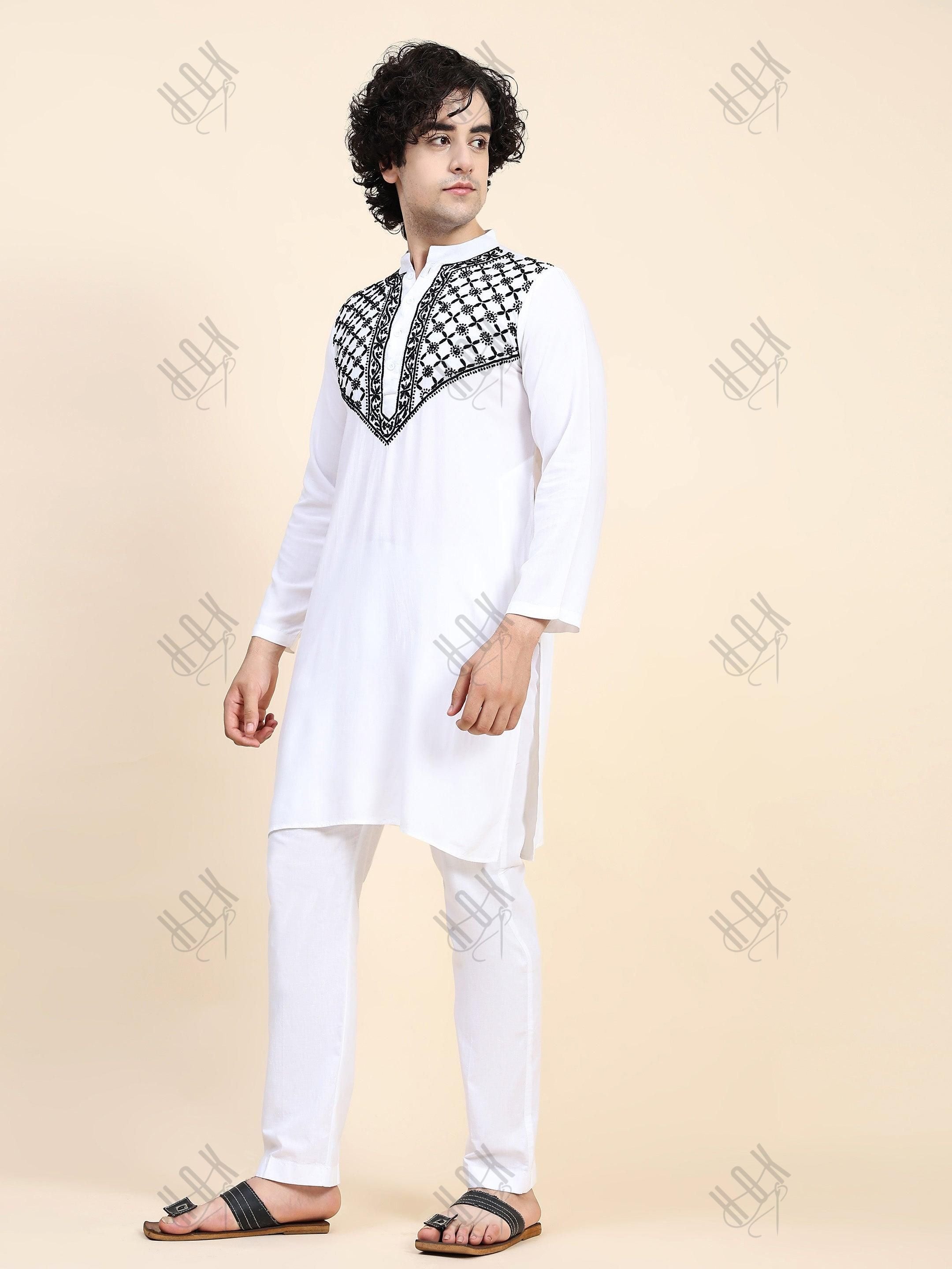 HOK Men's Chikankari Kurta in Rayon Cotton - White - House Of Kari (Chikankari Clothing)