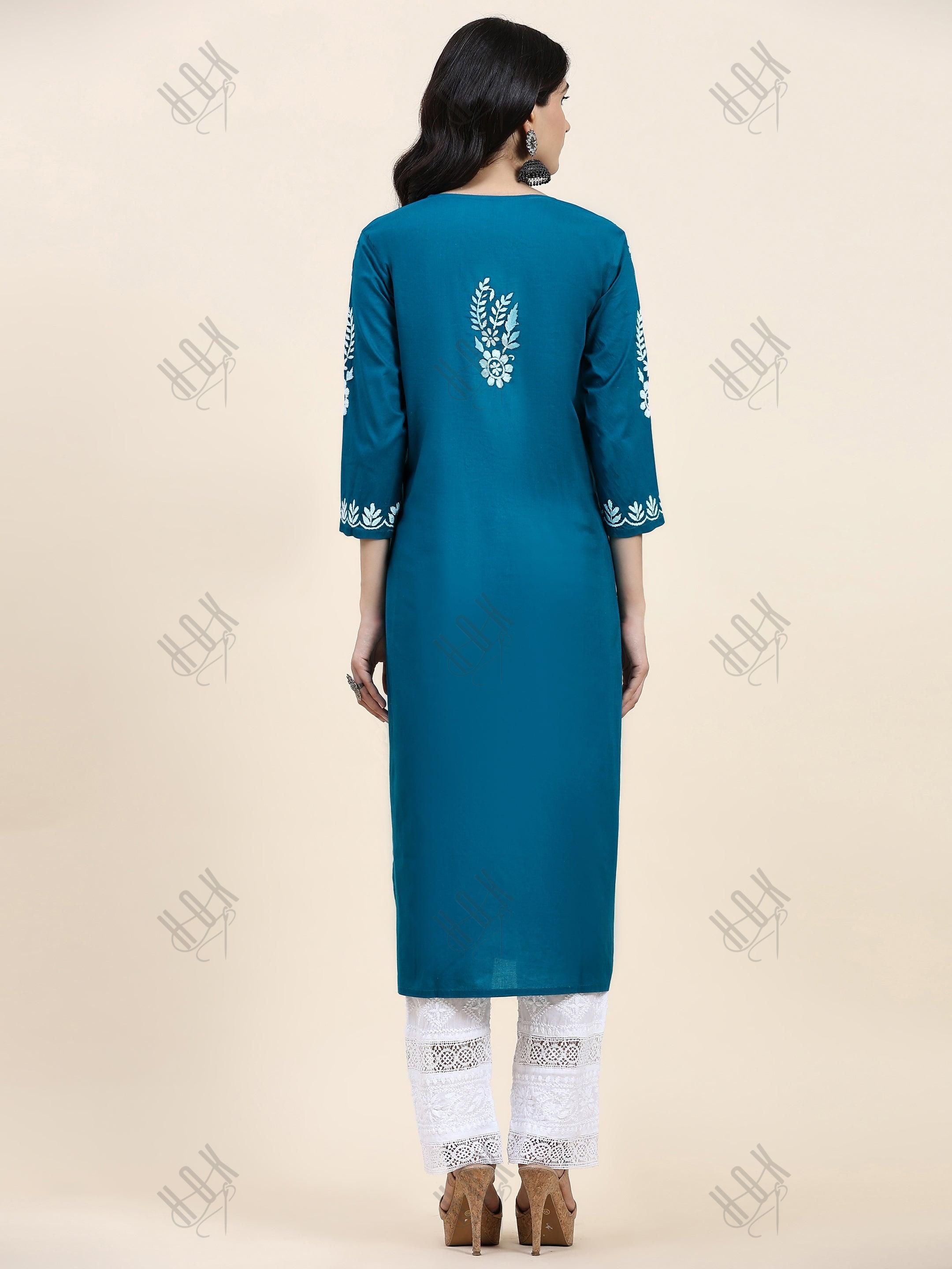 Samma Chikankari Long Kurta in Cotton for Women- Turquoise Blue - House Of Kari (Chikankari Clothing)