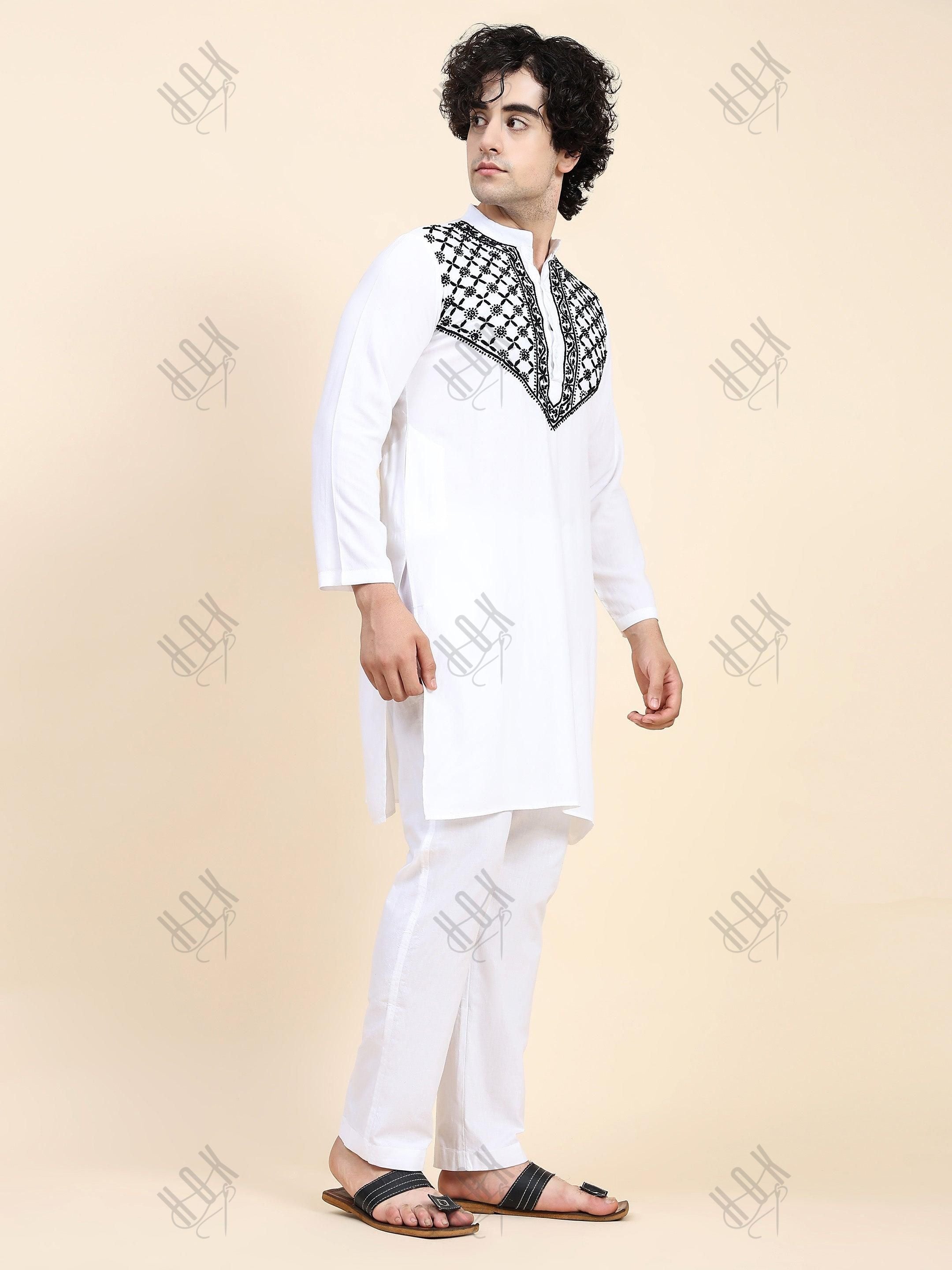 HOK Men's Chikankari Kurta in Rayon Cotton - White - House Of Kari (Chikankari Clothing)