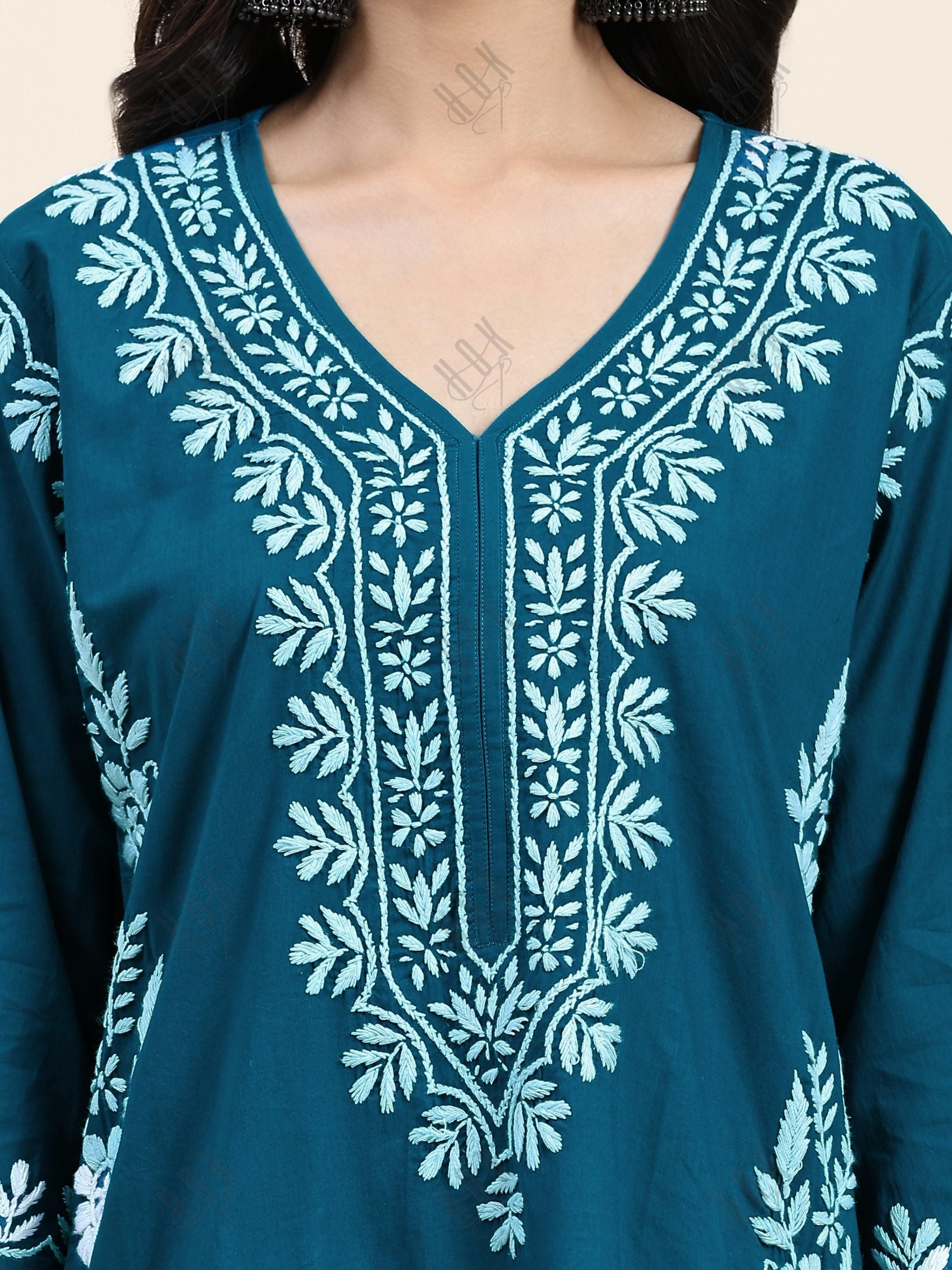 Samma Chikankari Long Kurta in Cotton for Women- Turquoise Blue - House Of Kari (Chikankari Clothing)