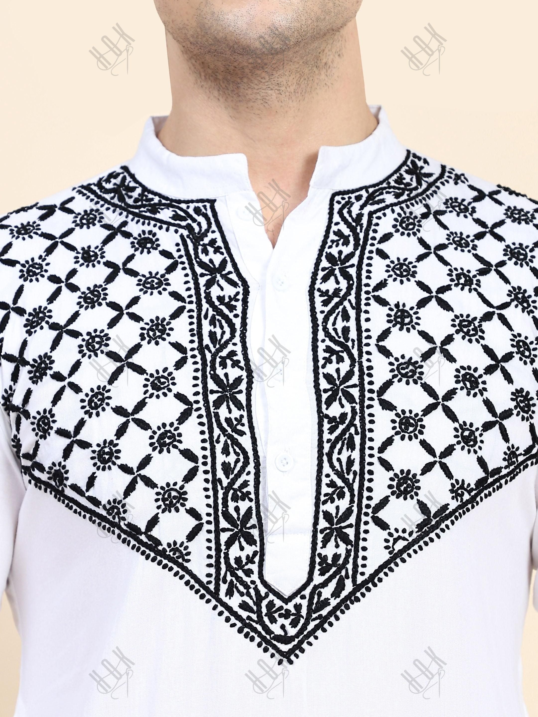 HOK Men's Chikankari Kurta in Rayon Cotton - White - House Of Kari (Chikankari Clothing)