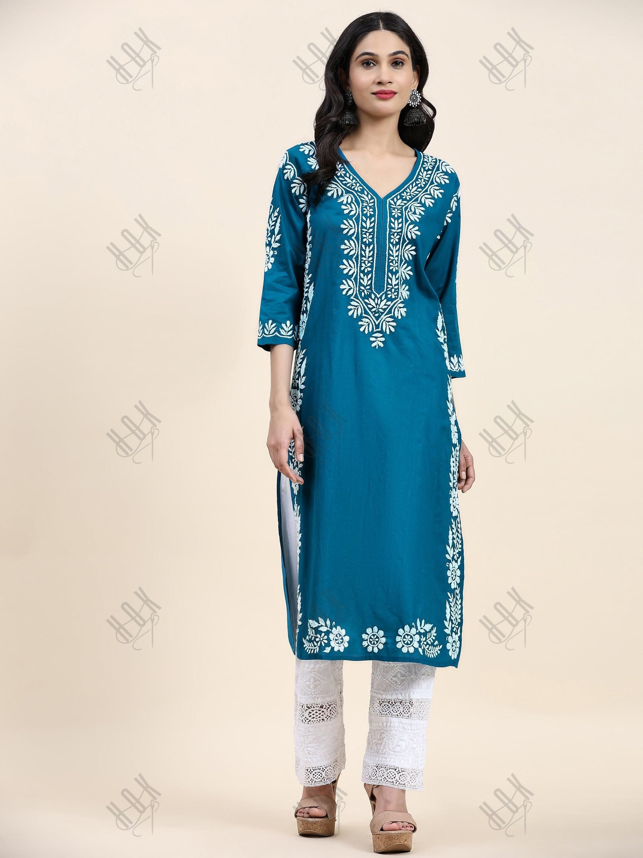 Samma Chikankari Long Kurta in Cotton for Women- Turquoise Blue - House Of Kari (Chikankari Clothing)