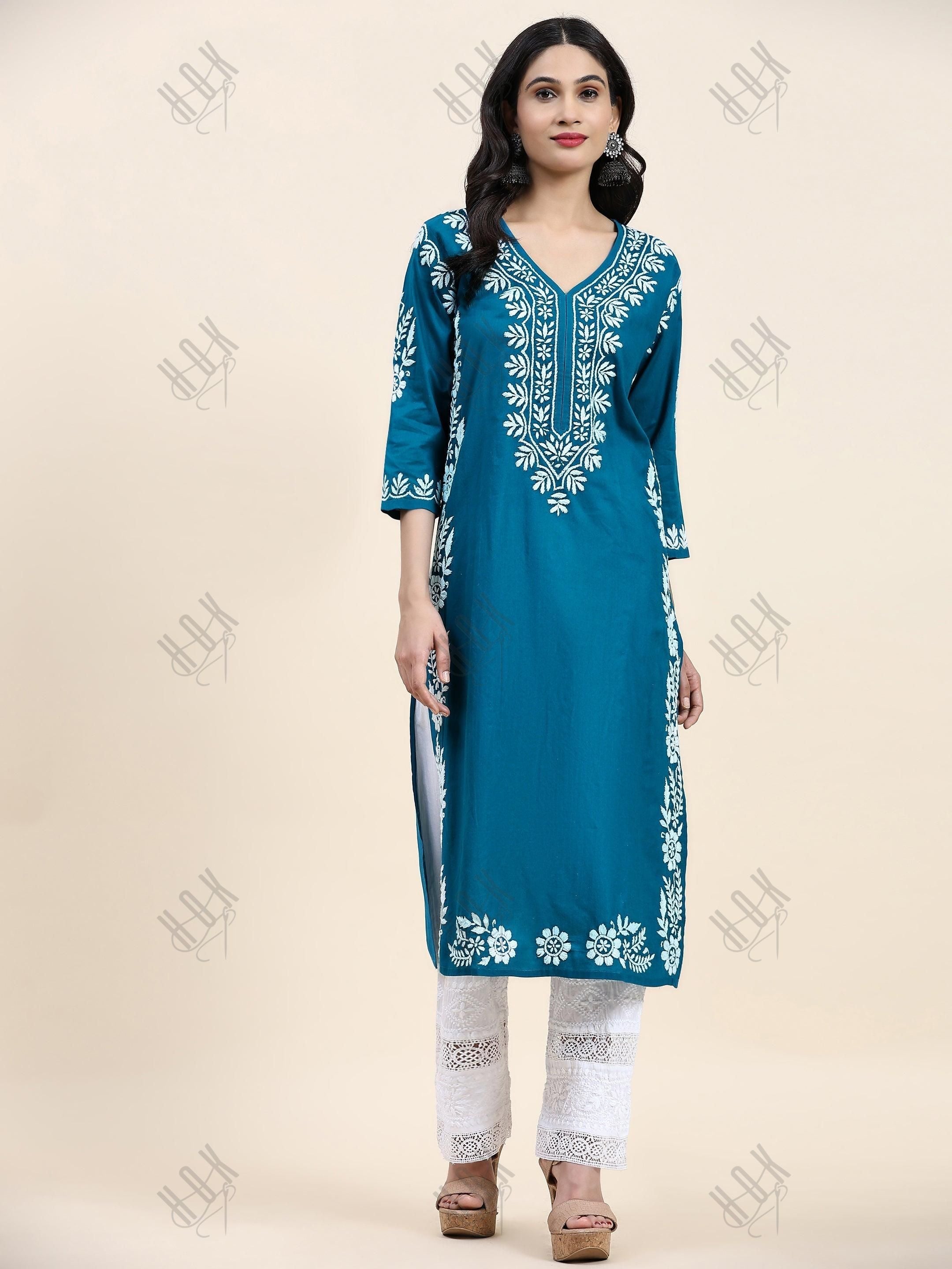 Sukriti in Charming Chikankari Long Cotton Kurta for Women - Turquoise Blue - House Of Kari (Chikankari Clothing)