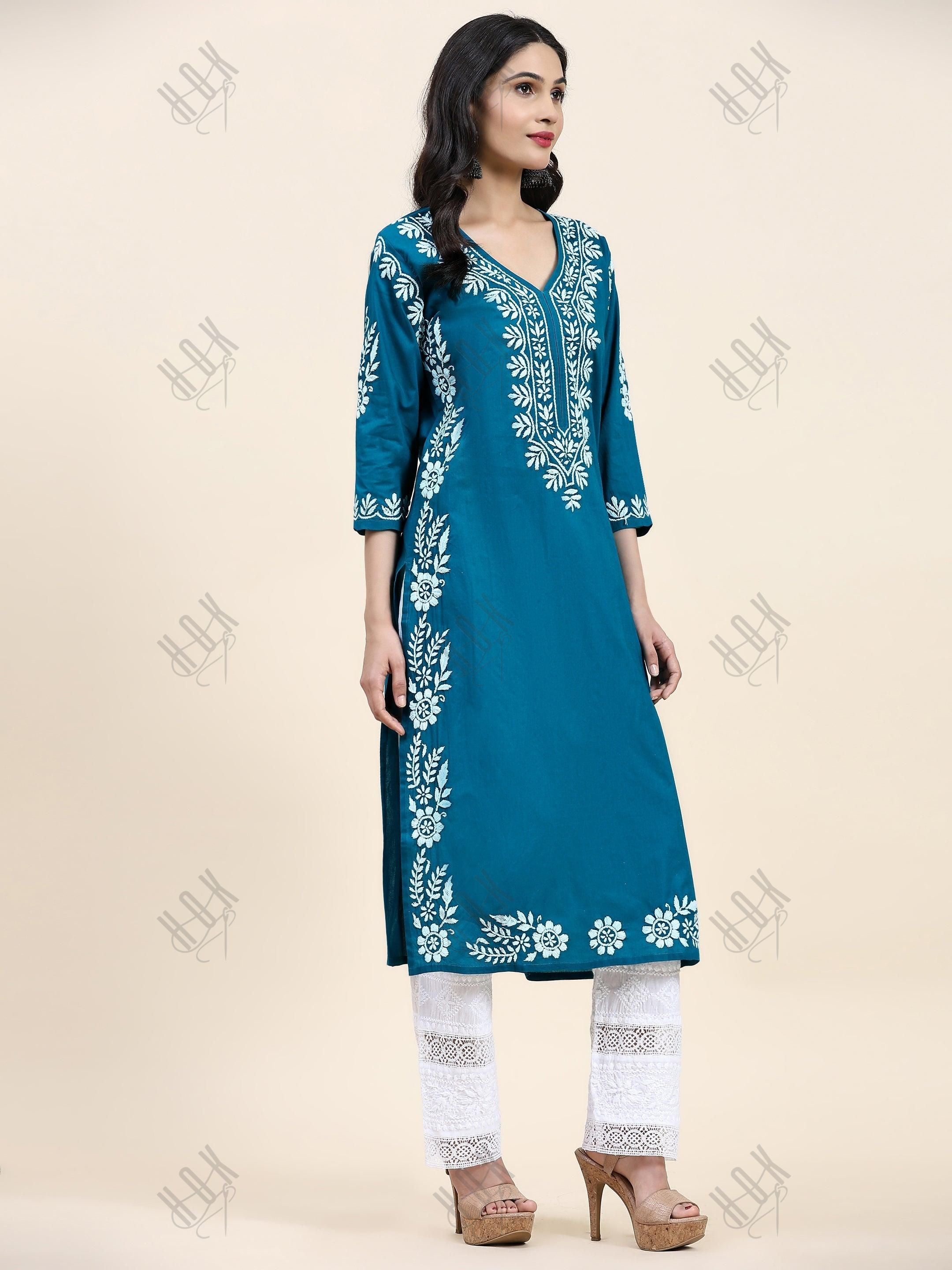 Sukriti in Charming Chikankari Long Cotton Kurta for Women - Turquoise Blue - House Of Kari (Chikankari Clothing)