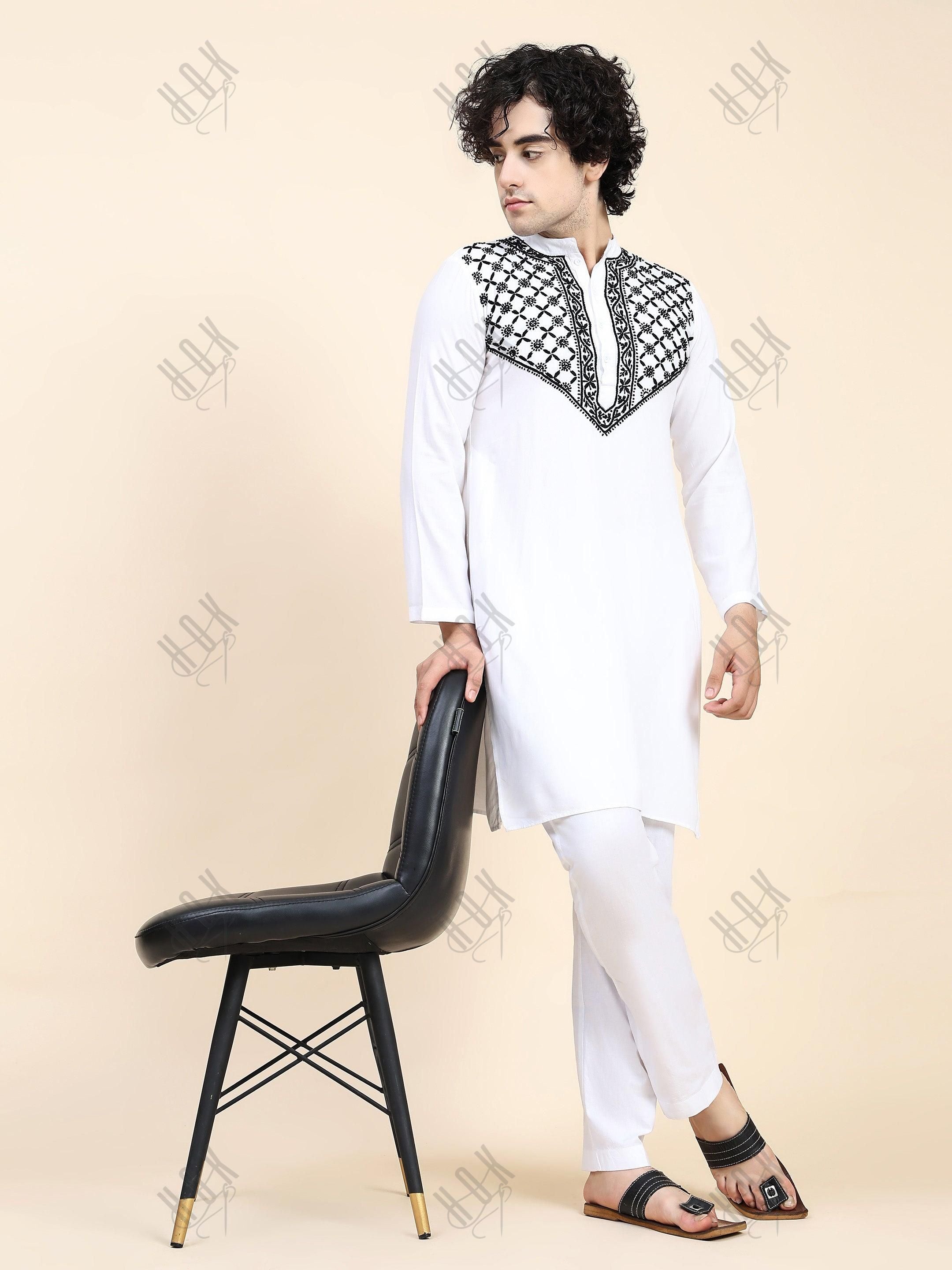 HOK Men's Chikankari Kurta in Rayon Cotton - White - House Of Kari (Chikankari Clothing)