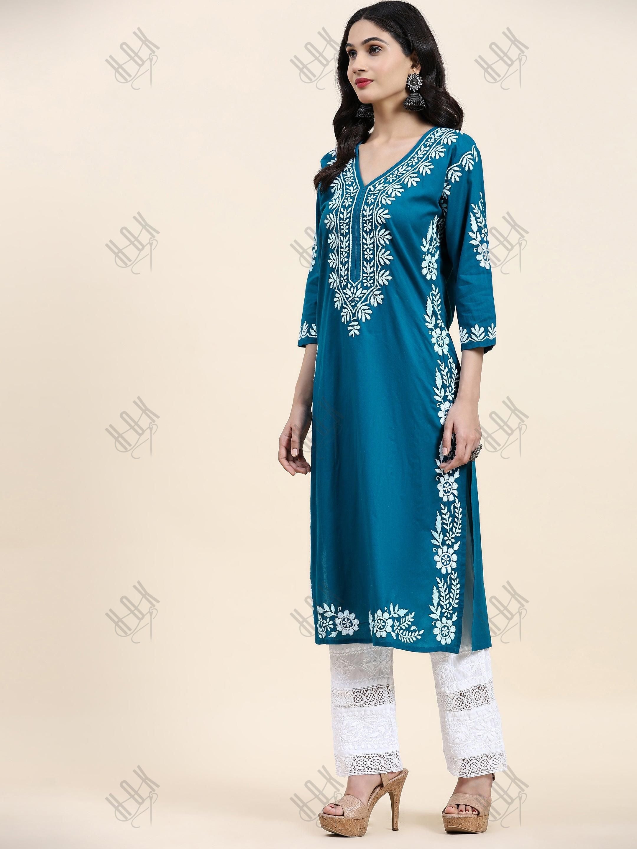 Samma Chikankari Long Kurta in Cotton for Women- Turquoise Blue - House Of Kari (Chikankari Clothing)