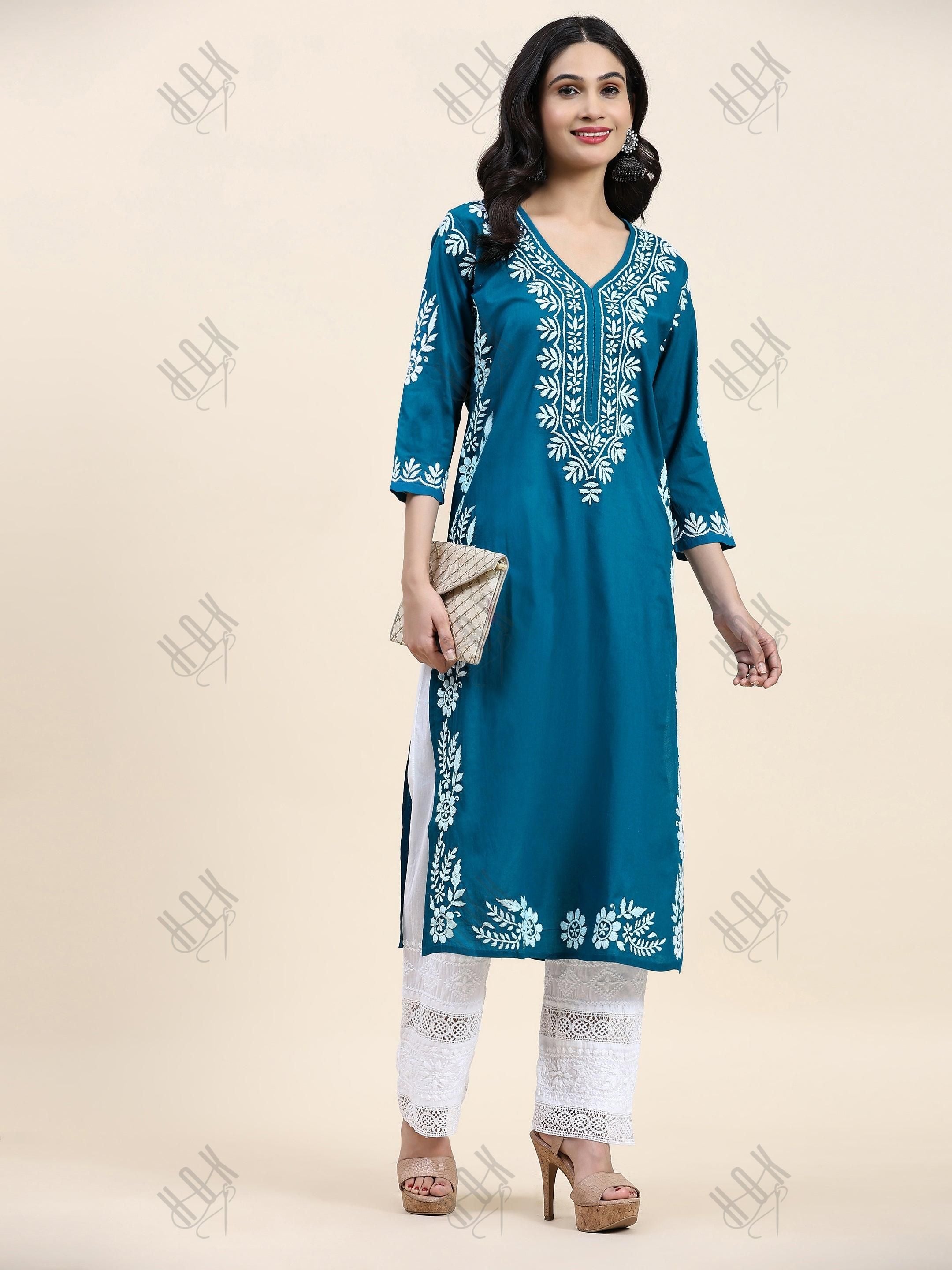 Samma Chikankari Long Kurta in Cotton for Women- Turquoise Blue - House Of Kari (Chikankari Clothing)