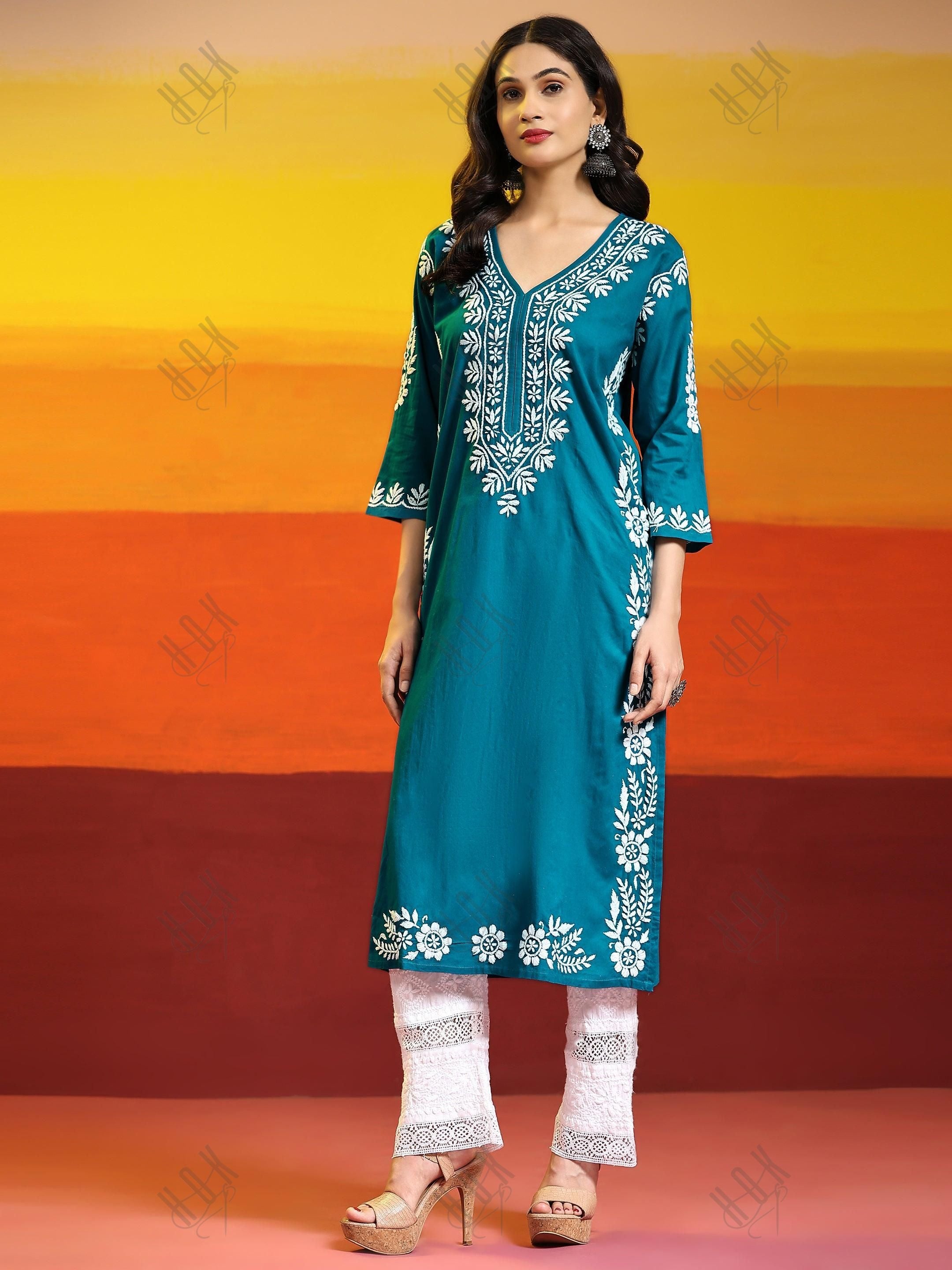 Samma Chikankari Long Kurta in Cotton for Women- Turquoise Blue - House Of Kari (Chikankari Clothing)