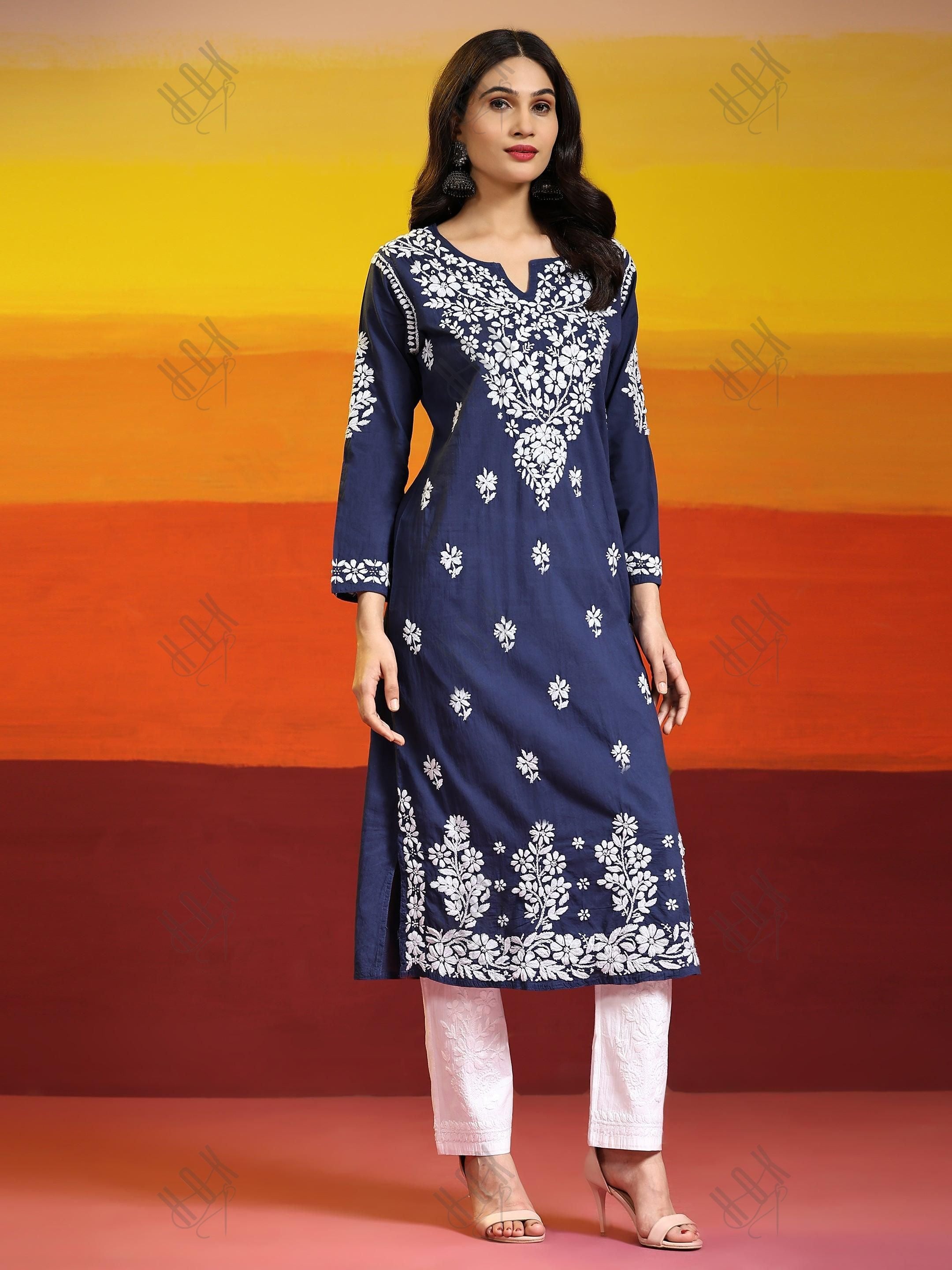 Samma Chikankari Long kurti In Cotton for Women - Navy Blue With White - House Of Kari (Chikankari Clothing)