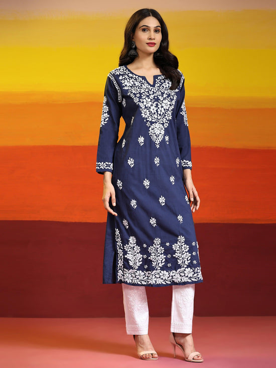 Samma Chikankari Long kurti In Cotton for Women - Navy Blue With White - House Of Kari (Chikankari Clothing)