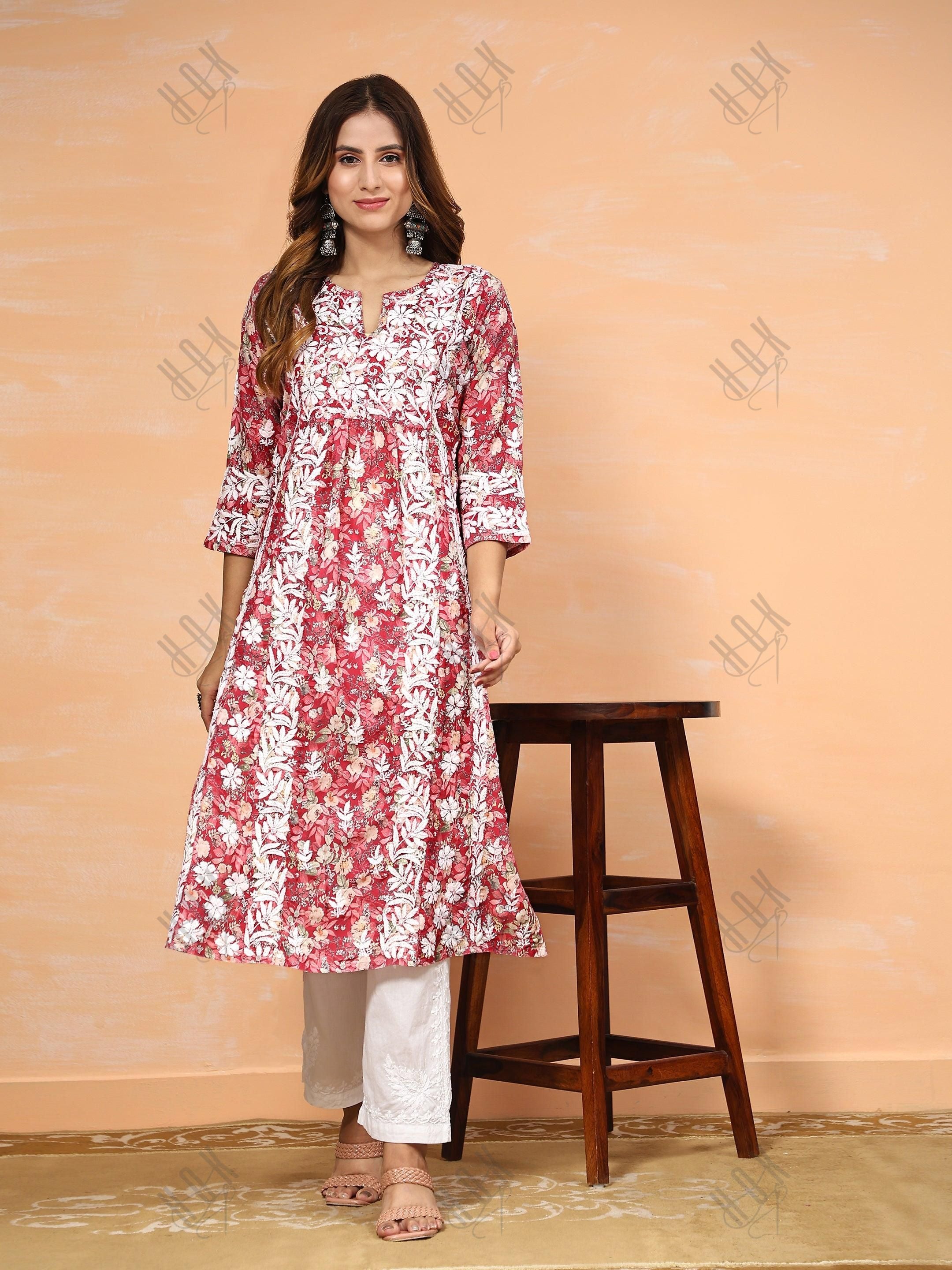 Fizaa Chikankari Long Kurta in Muslin Cotton for Women- Red Print - House Of Kari (Chikankari Clothing)