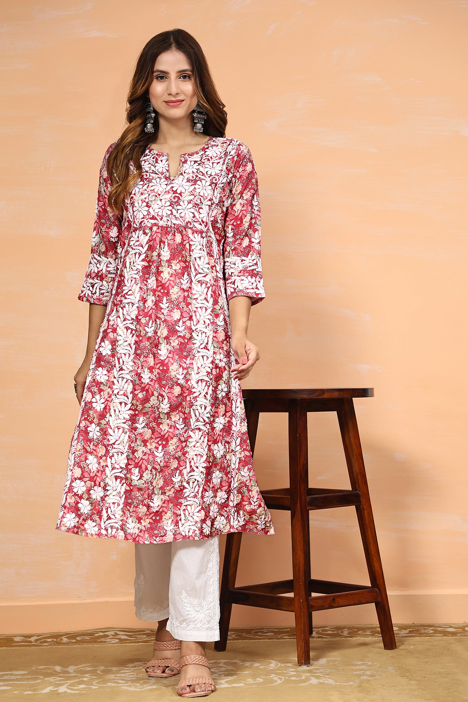 Fizaa Chikankari Long Kurta in Muslin Cotton for Women- Red Print