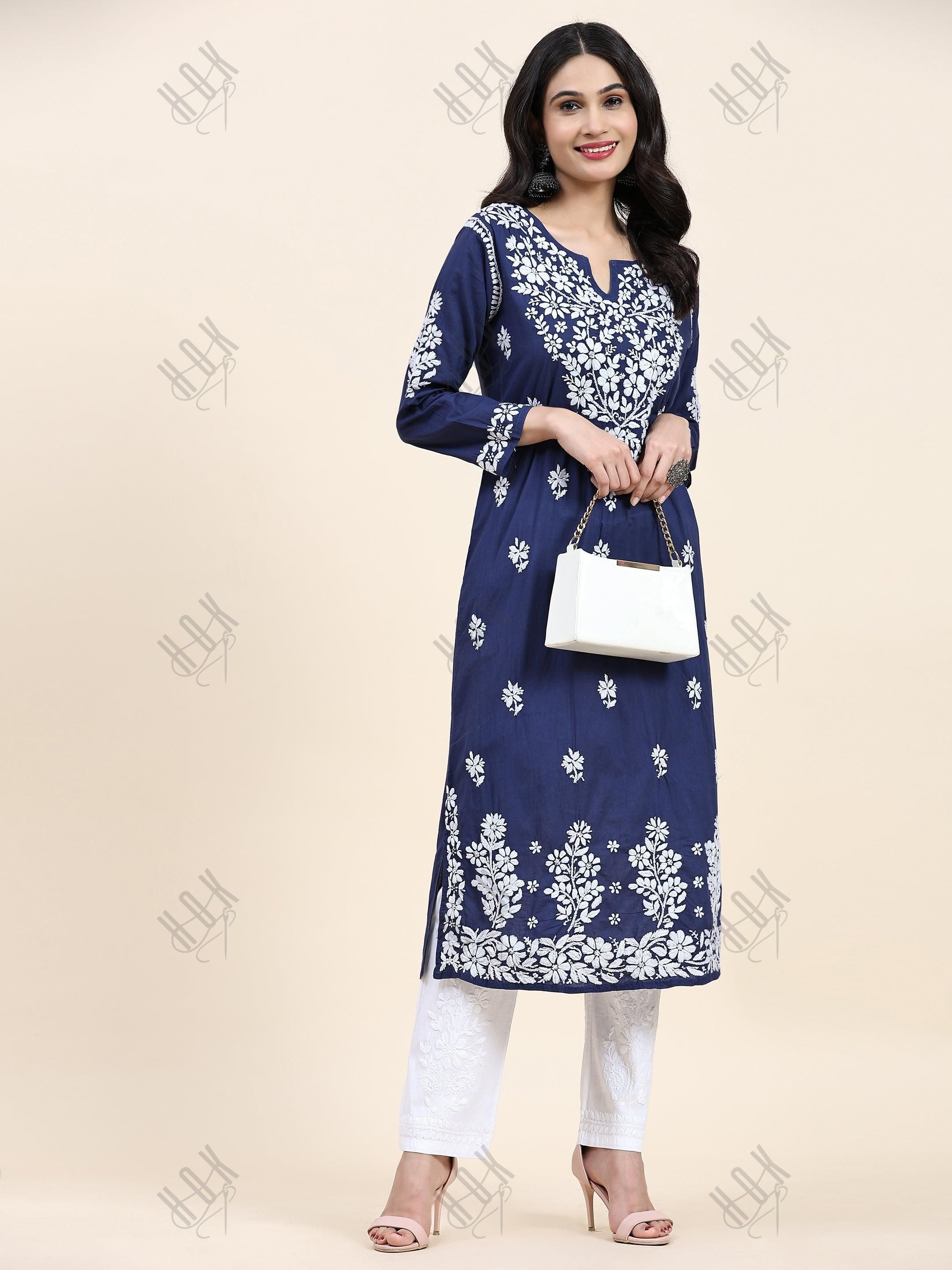 Samma Chikankari Long kurti In Cotton for Women - Navy Blue With White - House Of Kari (Chikankari Clothing)