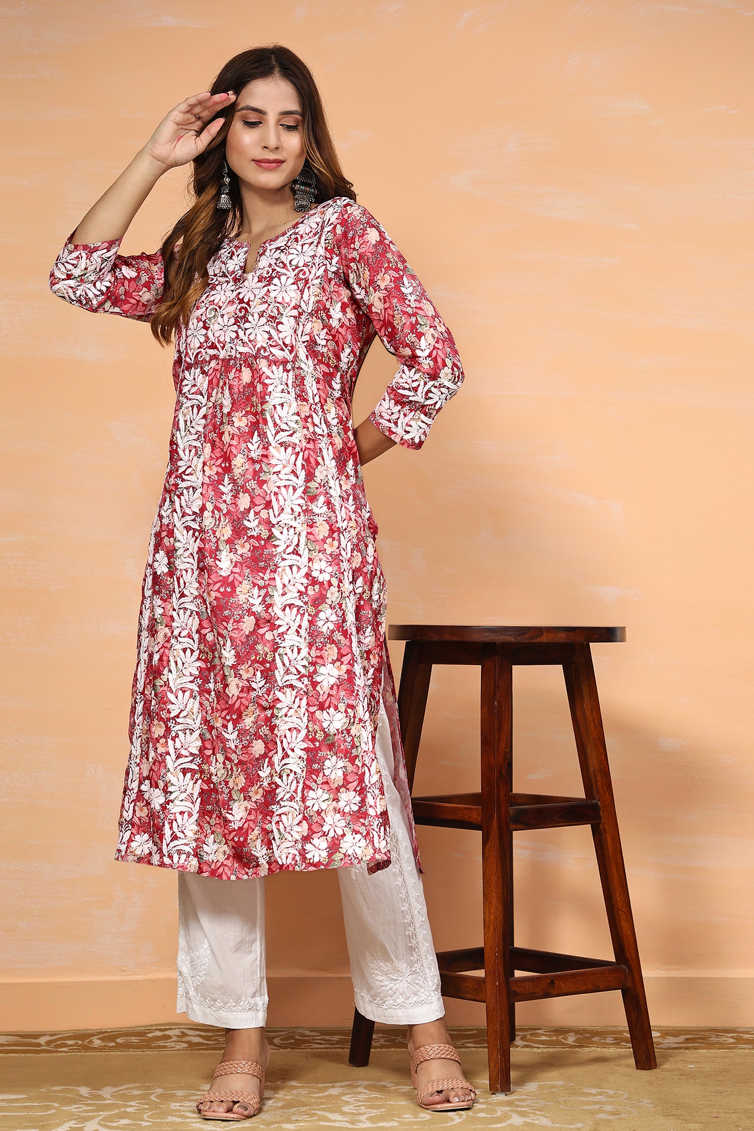 Fizaa Chikankari Long Kurta in Muslin Cotton for Women- Red Print