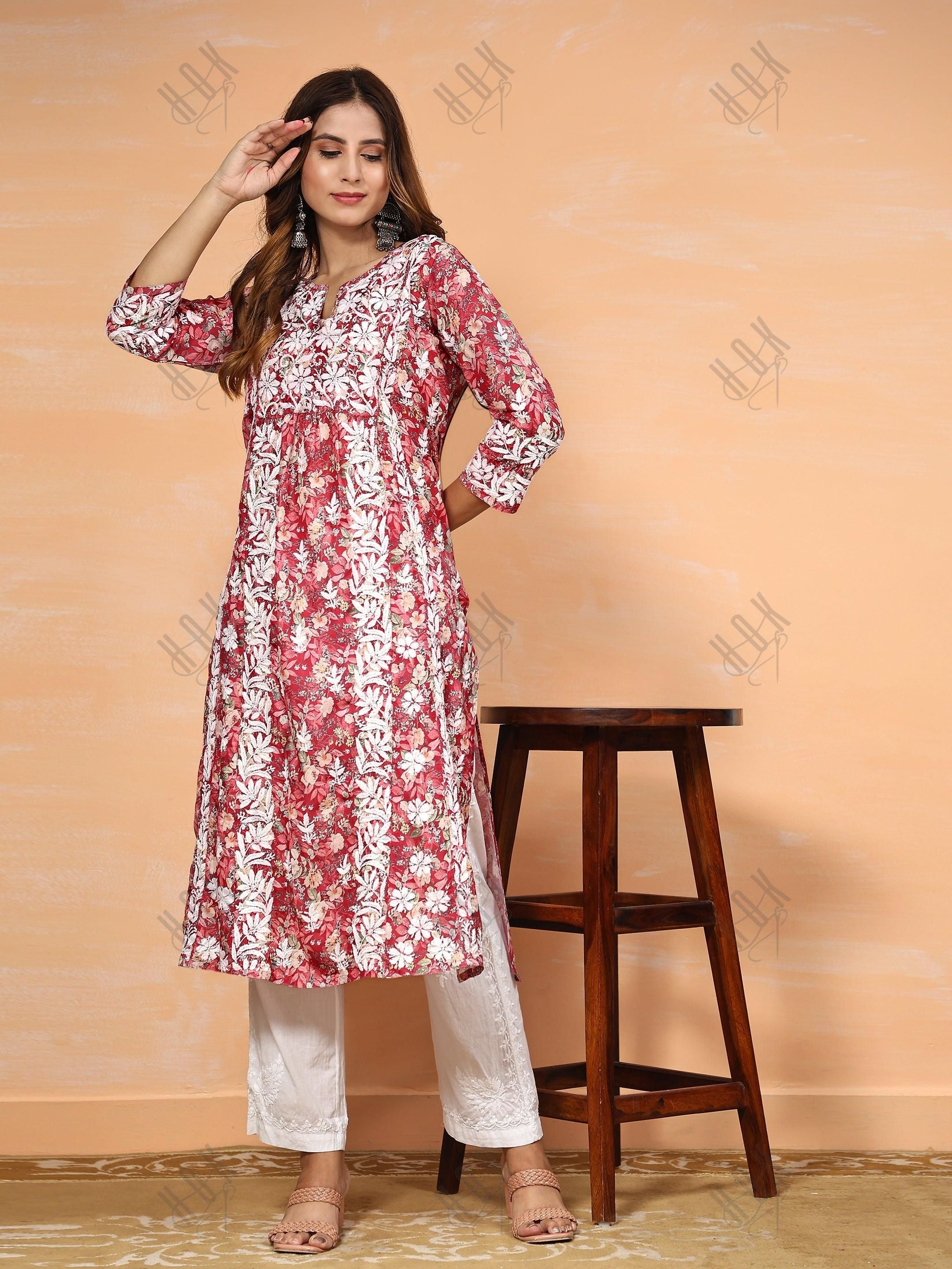 Fizaa Chikankari Long Kurta in Muslin Cotton for Women- Red Print - House Of Kari (Chikankari Clothing)