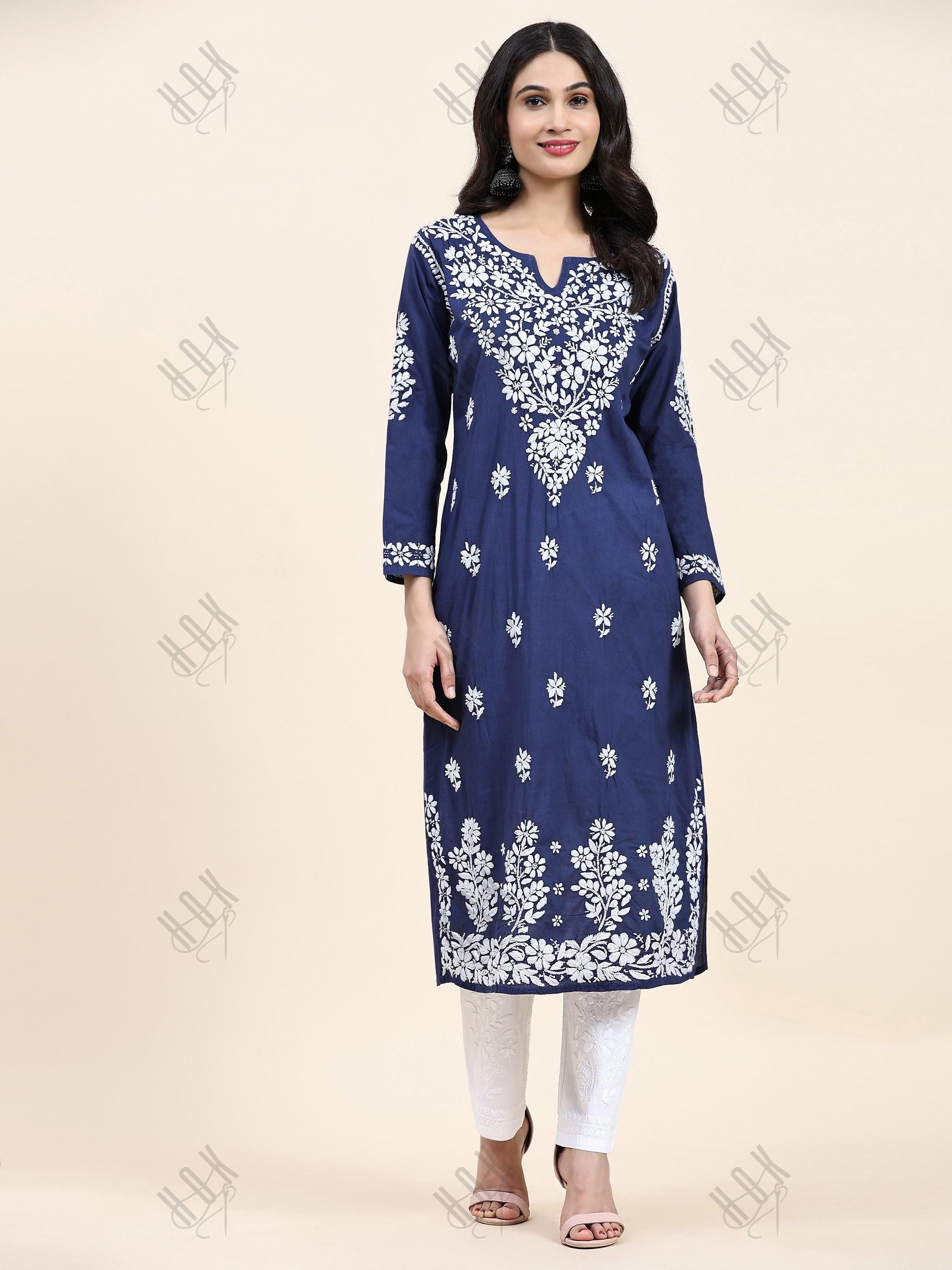 Samma Chikankari Long kurti In Cotton for Women - Navy Blue With White - House Of Kari (Chikankari Clothing)