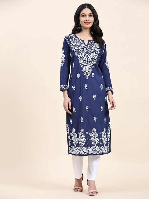 Samma Chikankari Long kurti In Cotton for Women - Navy Blue With White - House Of Kari (Chikankari Clothing)