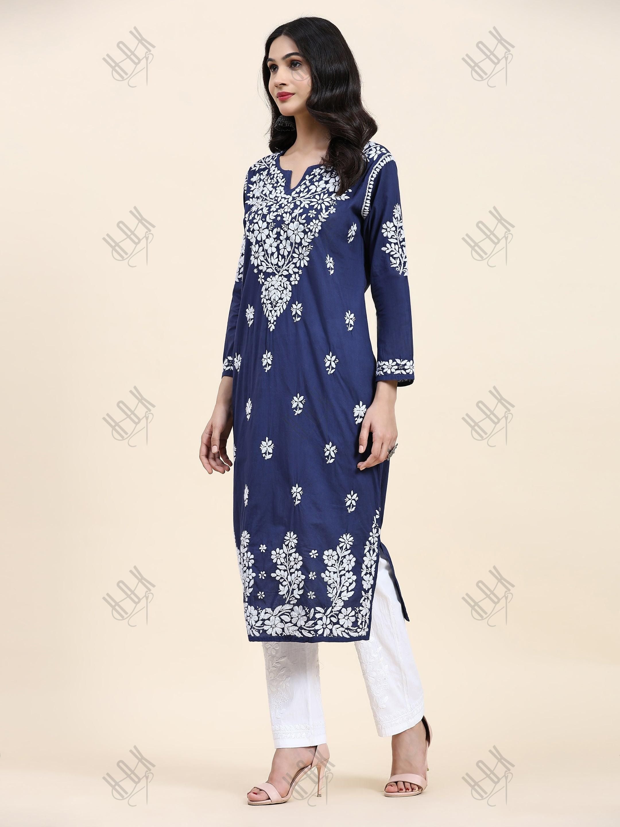 Samma Chikankari Long kurti In Cotton for Women - Navy Blue With White - House Of Kari (Chikankari Clothing)