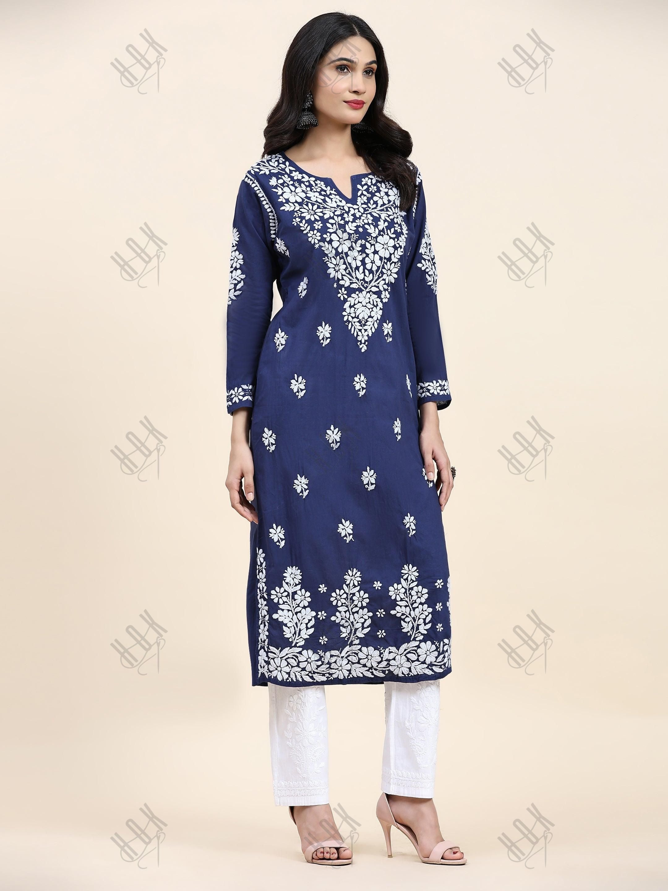 Samma Chikankari Long kurti In Cotton for Women - Navy Blue With White - House Of Kari (Chikankari Clothing)