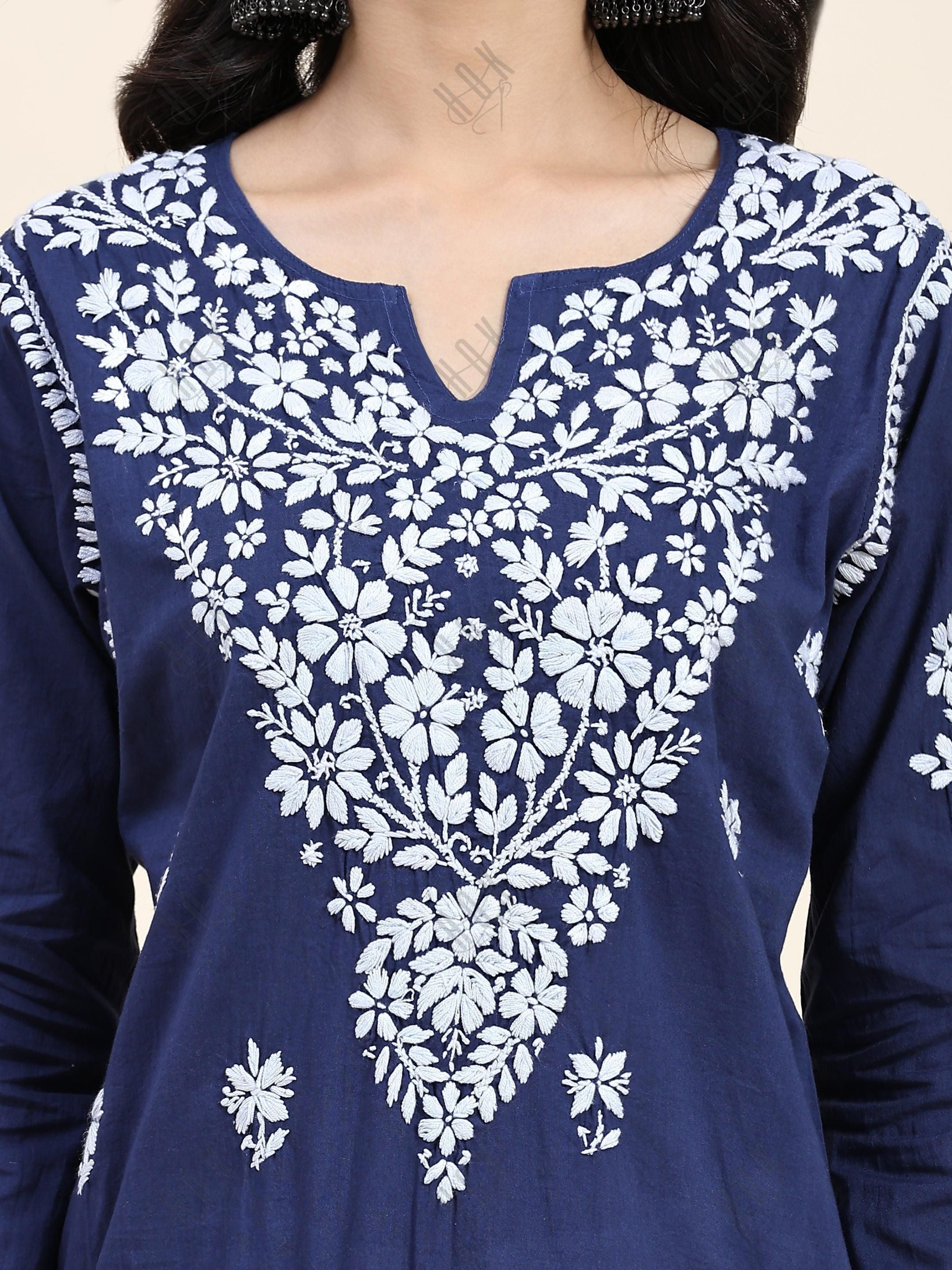 Samma Chikankari Long kurti In Cotton for Women - Navy Blue With White - House Of Kari (Chikankari Clothing)