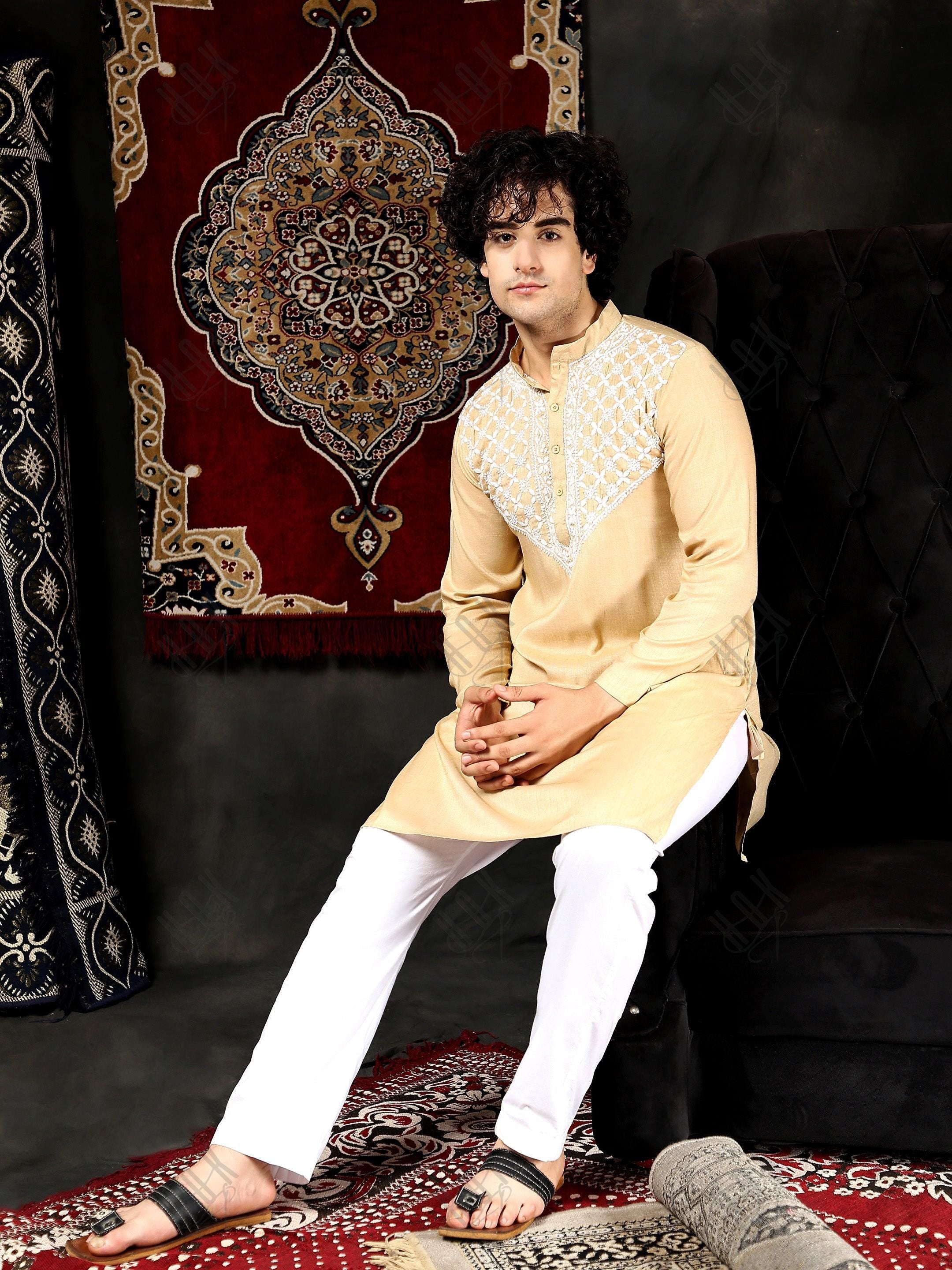 HOK Men's Chikankari Kurta in Cotton Silk Blend - Beige - House Of Kari (Chikankari Clothing)