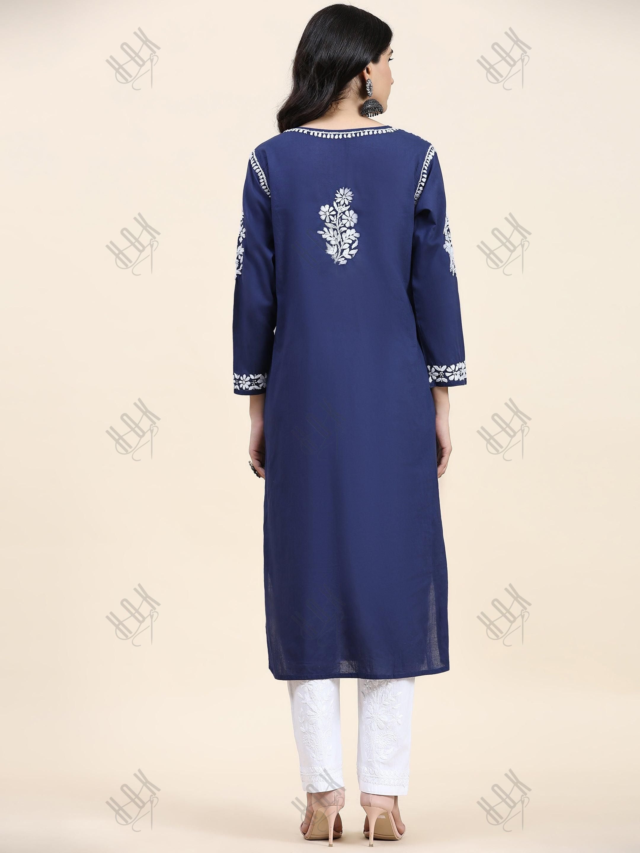 Samma Chikankari Long kurti In Cotton for Women - Navy Blue With White - House Of Kari (Chikankari Clothing)