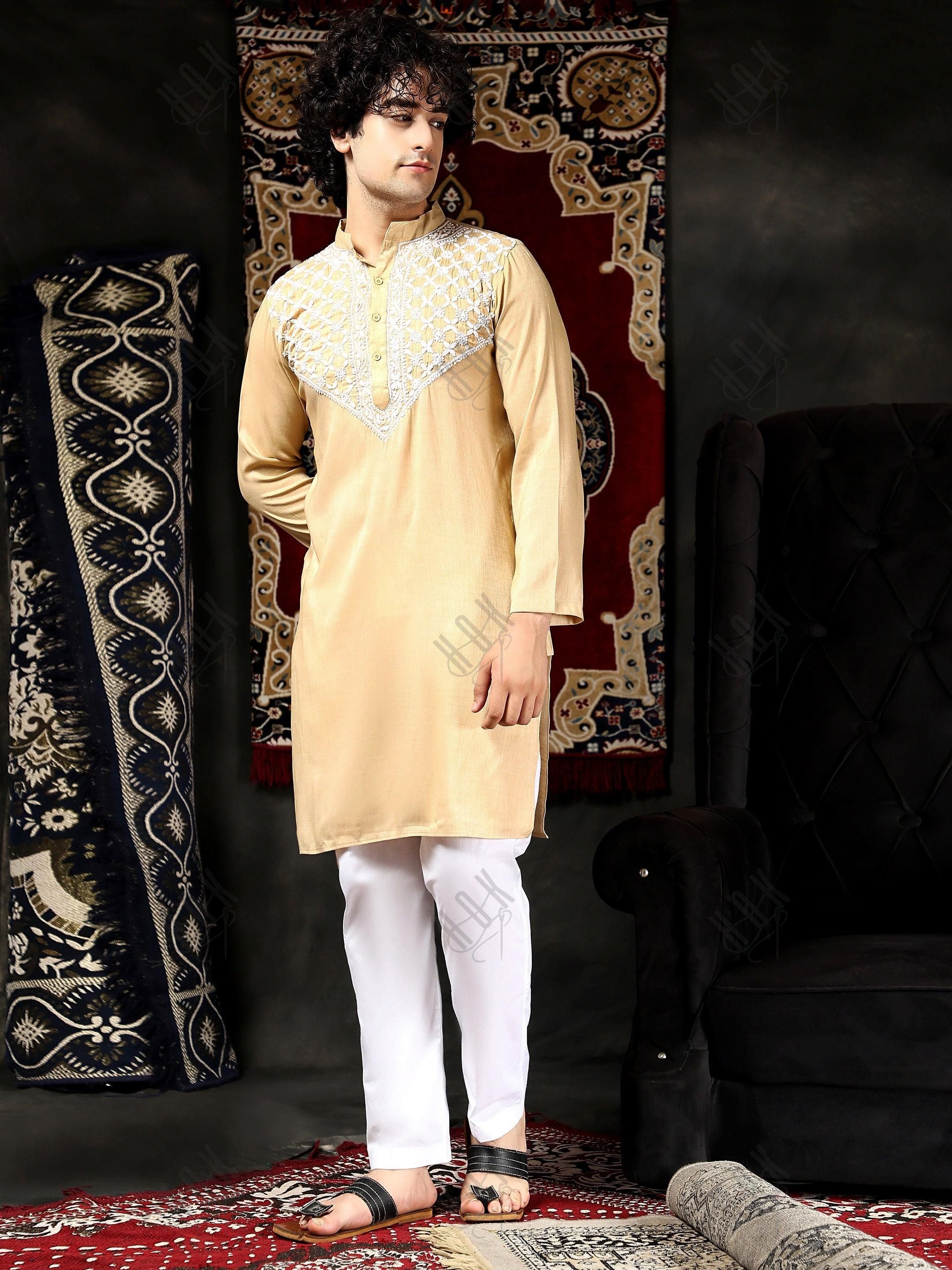 HOK Men's Chikankari Kurta in Cotton Silk Blend - Beige - House Of Kari (Chikankari Clothing)