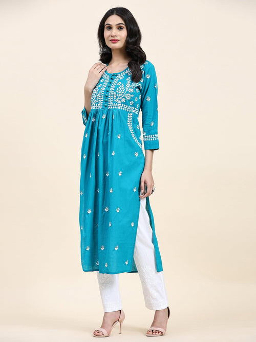 Samma Chikankari Long kurti In Cotton for Women- Sea Green - House Of Kari (Chikankari Clothing)