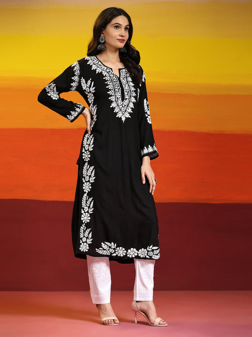 Samma Chikankari Long Kurta in Rayon Cotton for Women- Black - House Of Kari (Chikankari Clothing)