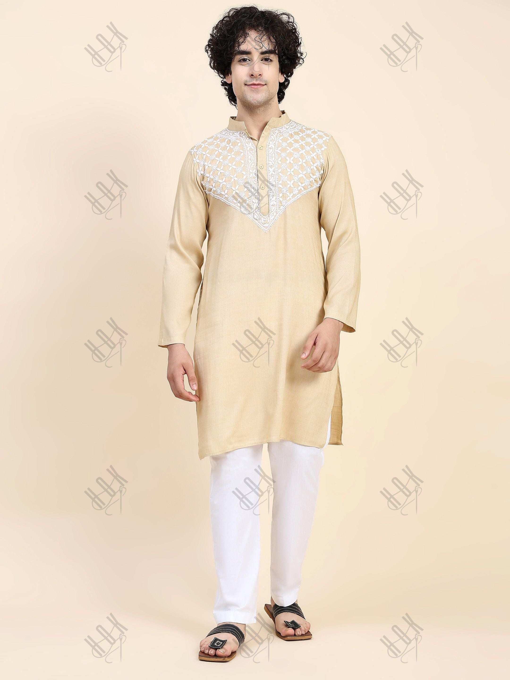 HOK Men's Chikankari Kurta in Cotton Silk Blend - Beige - House Of Kari (Chikankari Clothing)