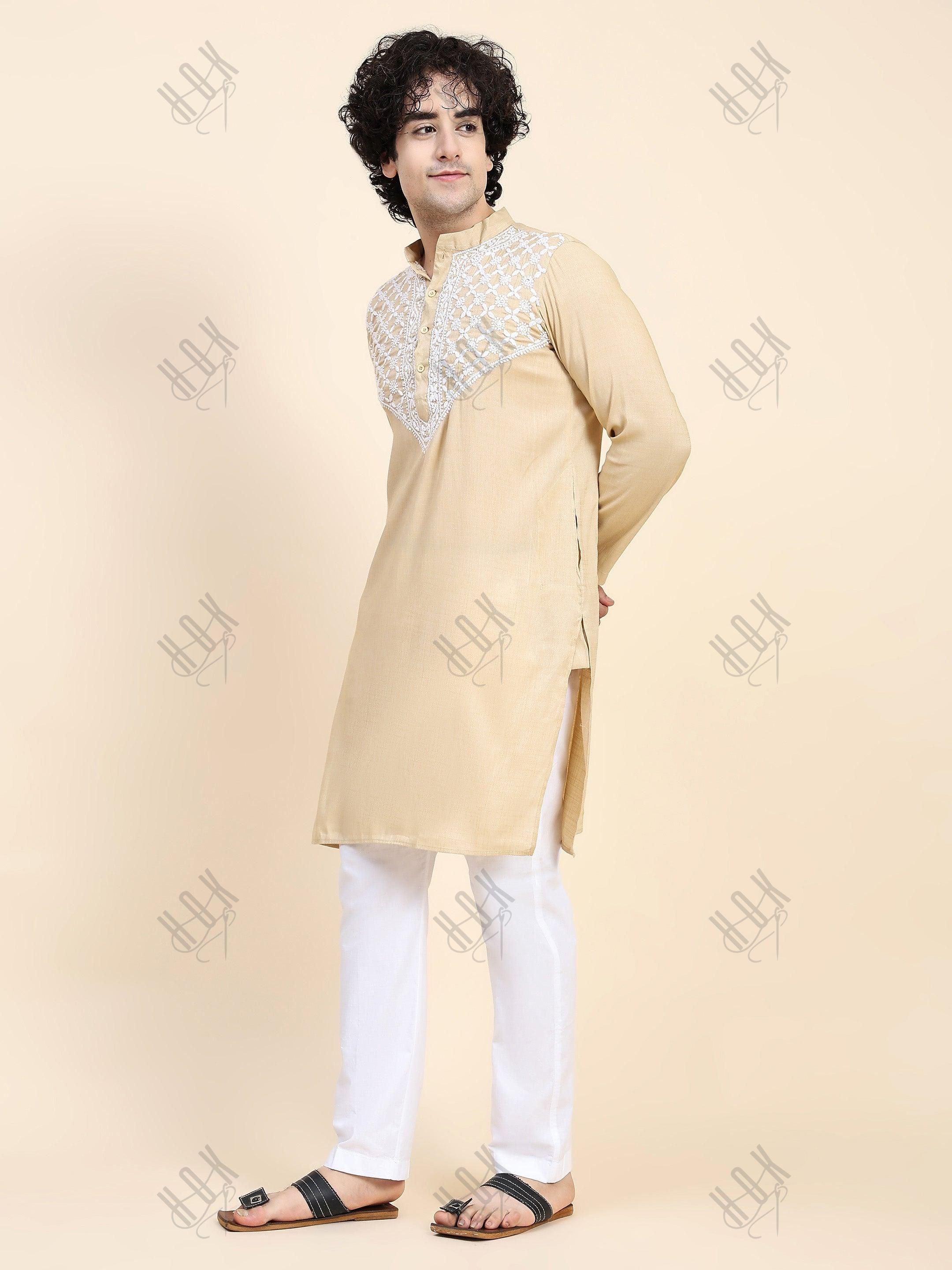 HOK Men's Chikankari Kurta in Cotton Silk Blend - Beige - House Of Kari (Chikankari Clothing)